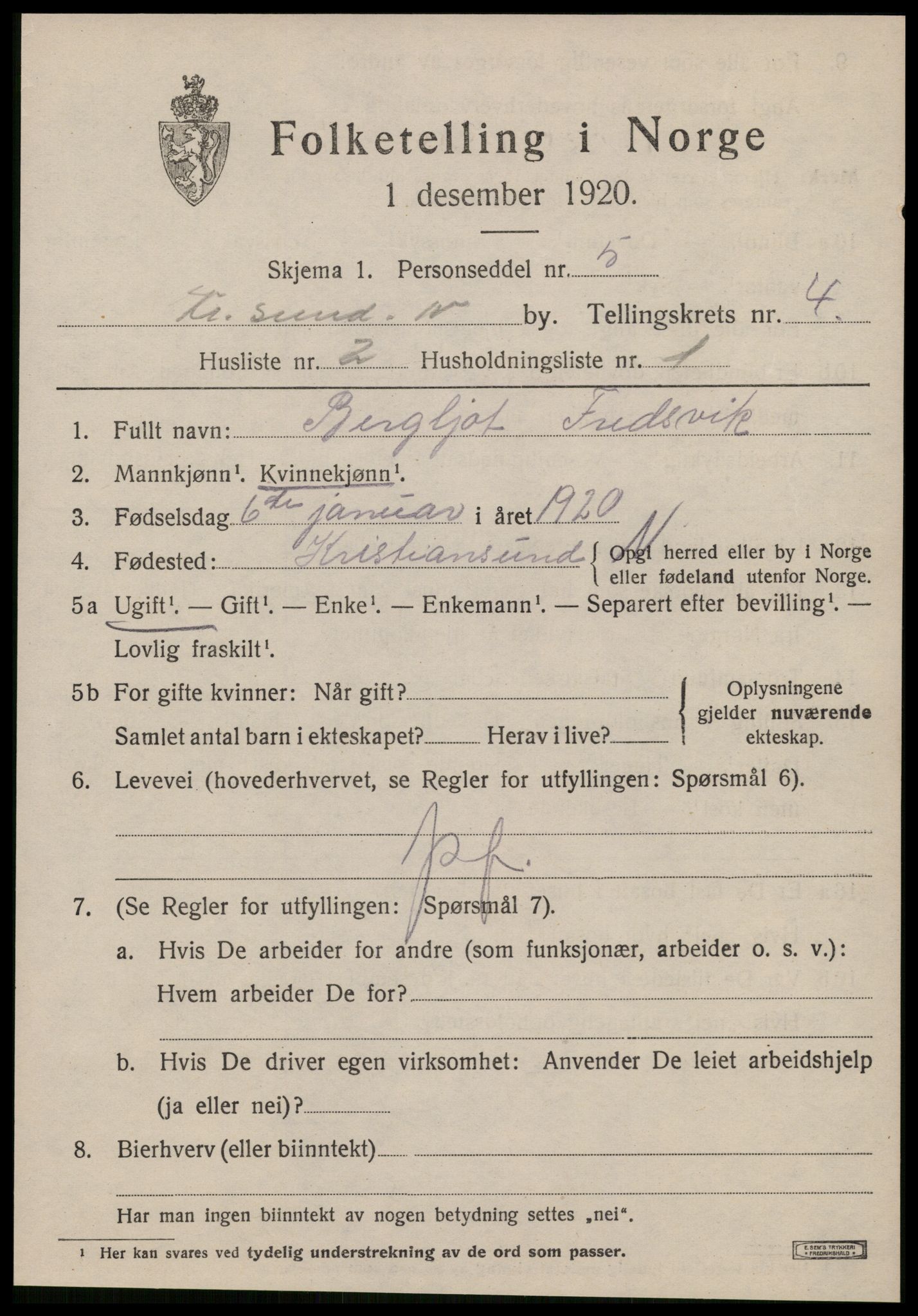 SAT, 1920 census for Kristiansund, 1920, p. 14931