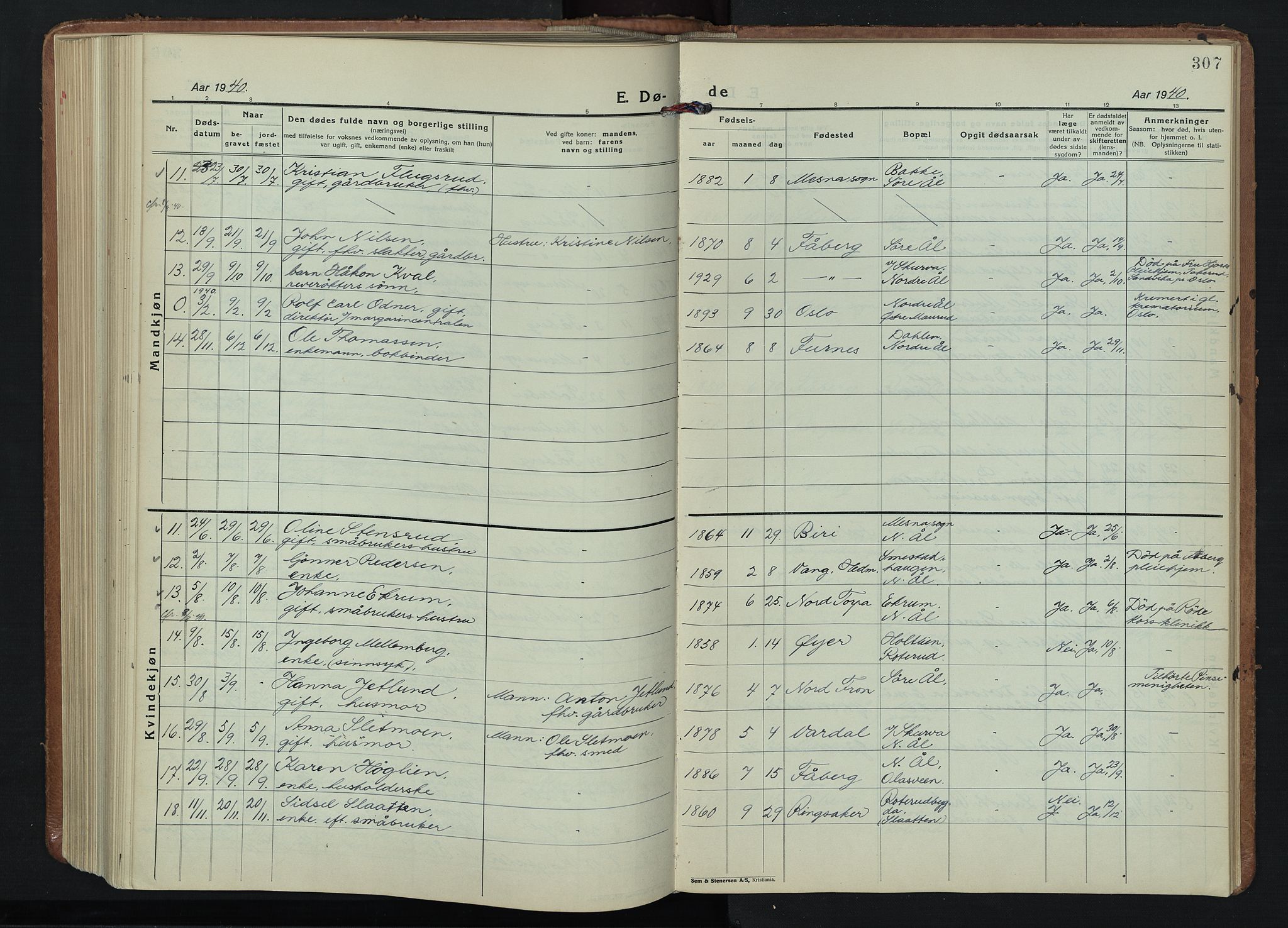 Fåberg prestekontor, AV/SAH-PREST-086/H/Ha/Hab/L0015: Parish register (copy) no. 15, 1924-1949, p. 307