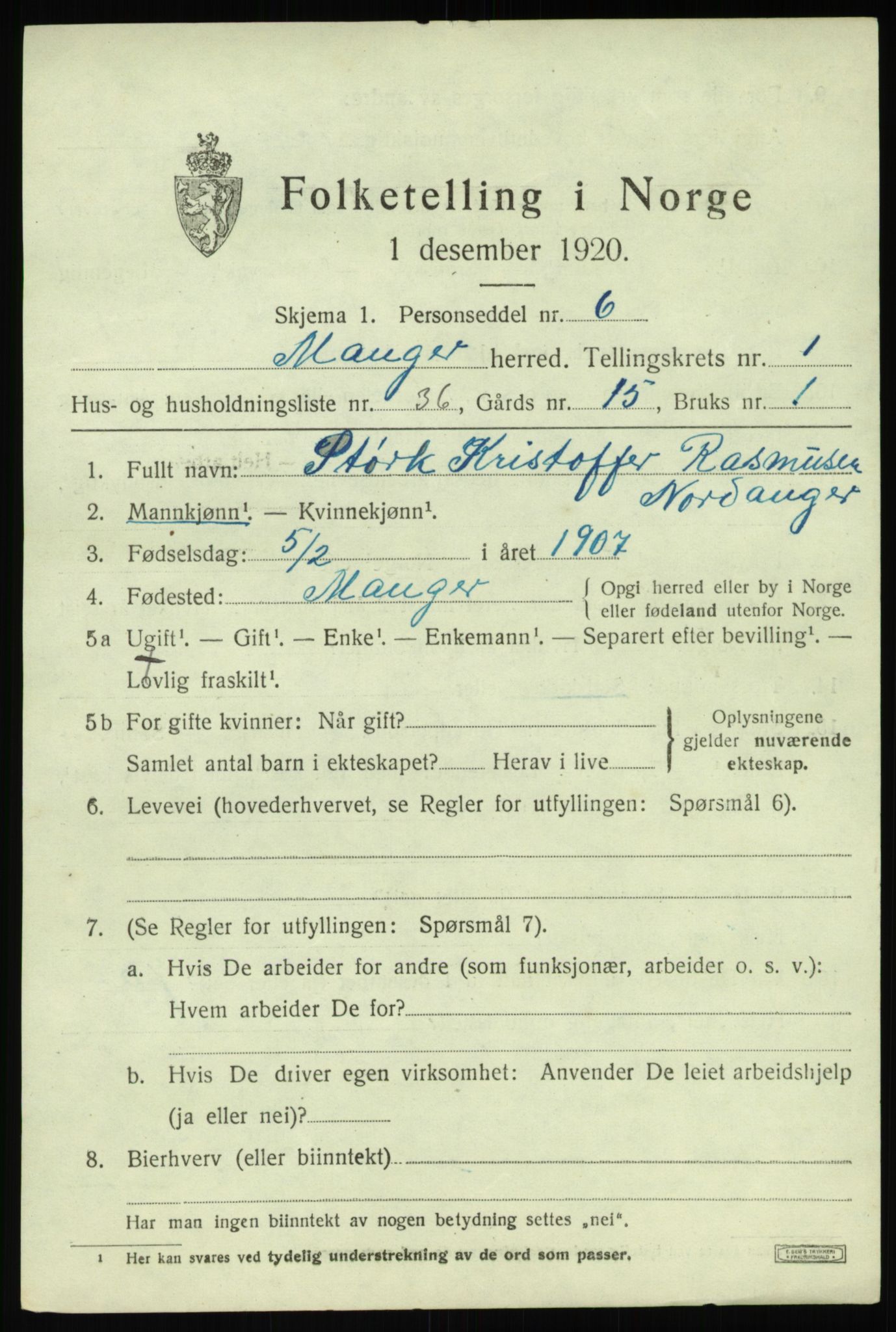 SAB, 1920 census for Manger, 1920, p. 1957