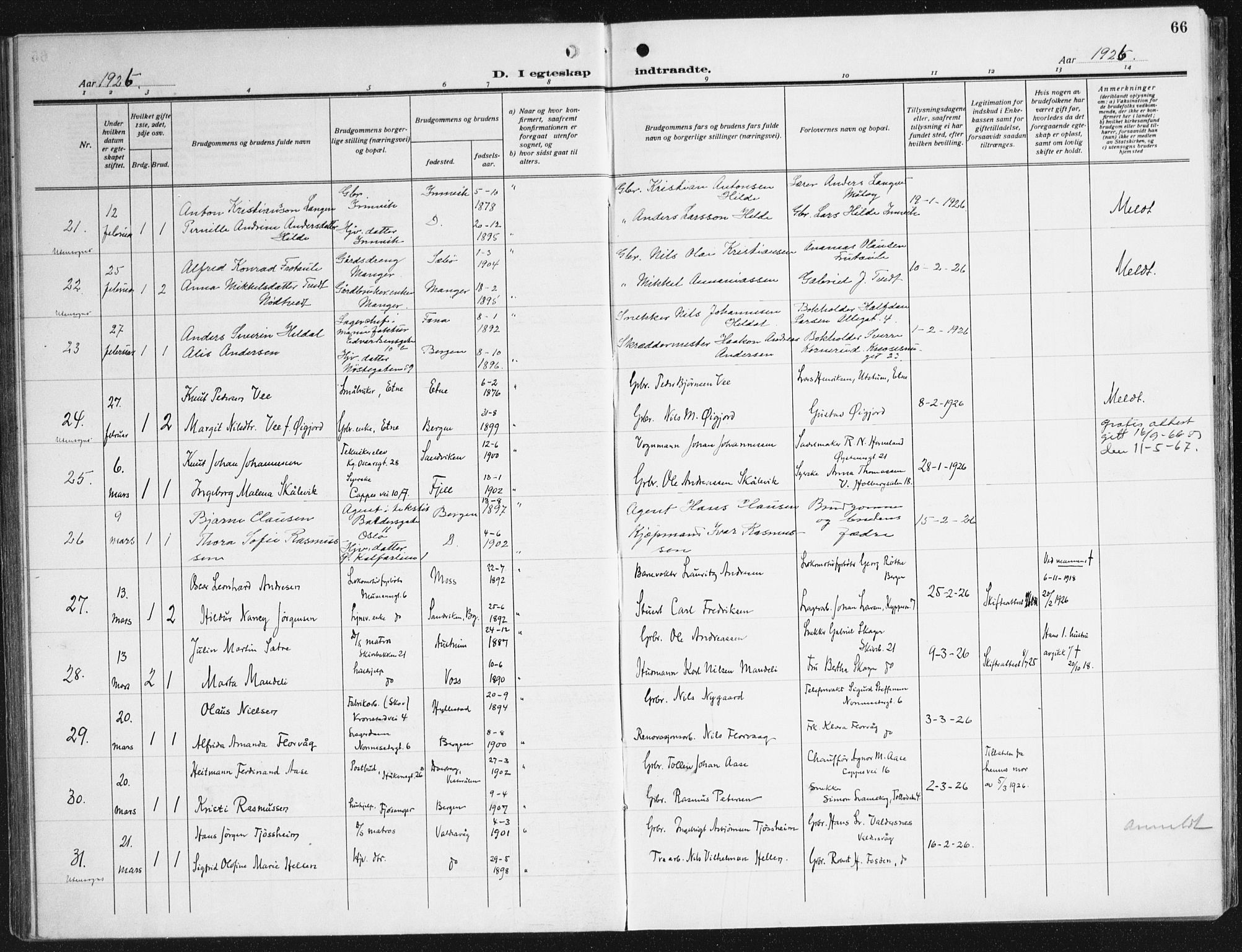 Domkirken sokneprestembete, AV/SAB-A-74801/H/Haa/L0039: Parish register (official) no. D 6, 1921-1937, p. 66