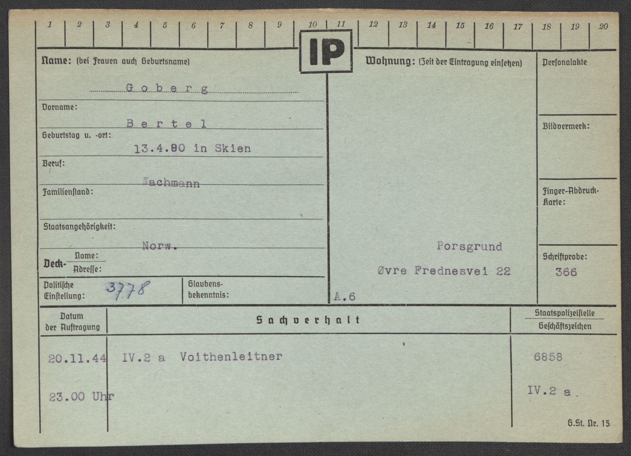 Befehlshaber der Sicherheitspolizei und des SD, RA/RAFA-5969/E/Ea/Eaa/L0003: Register over norske fanger i Møllergata 19: Eng-Hag, 1940-1945, p. 883