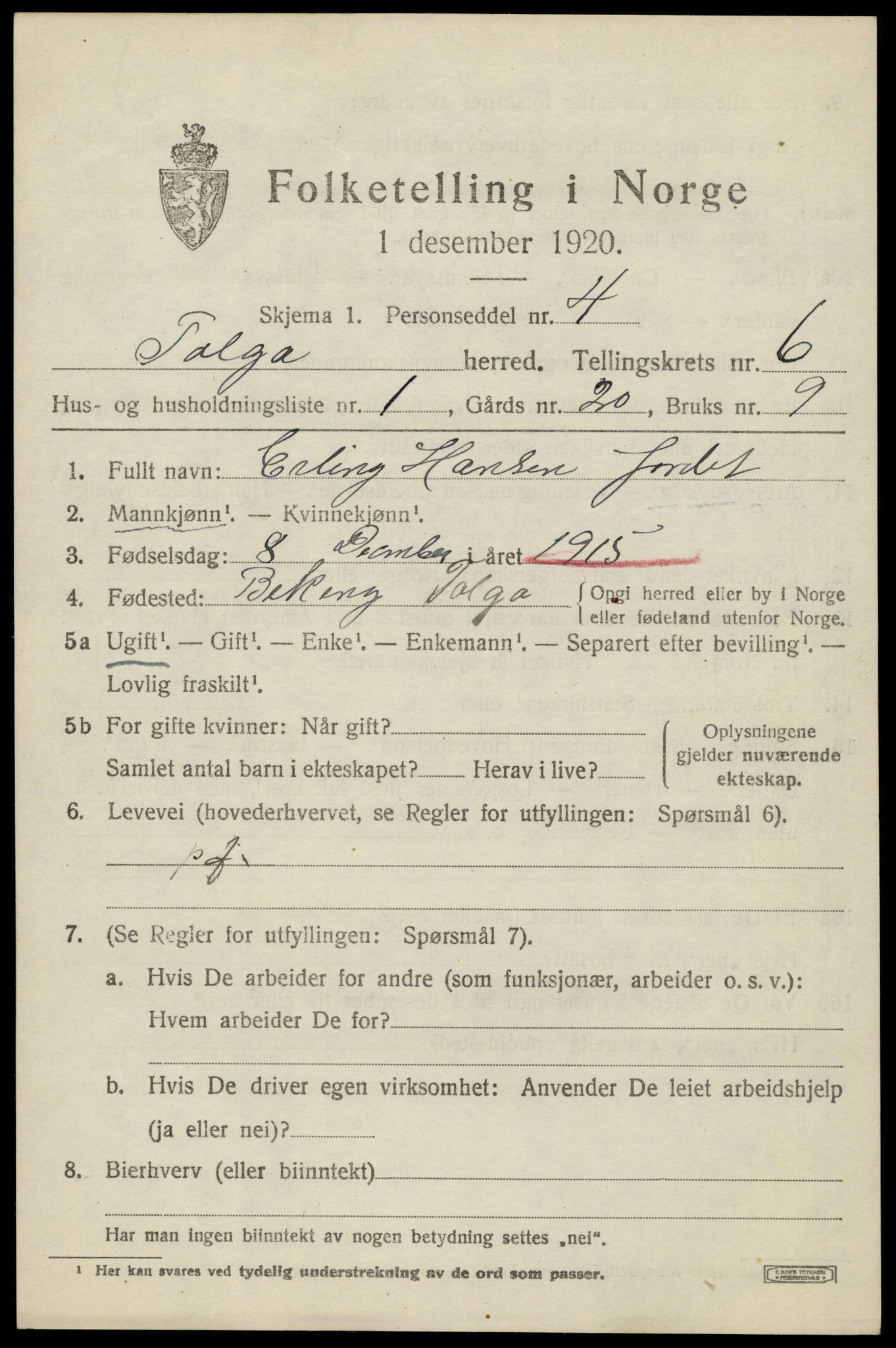 SAH, 1920 census for Tolga, 1920, p. 3633