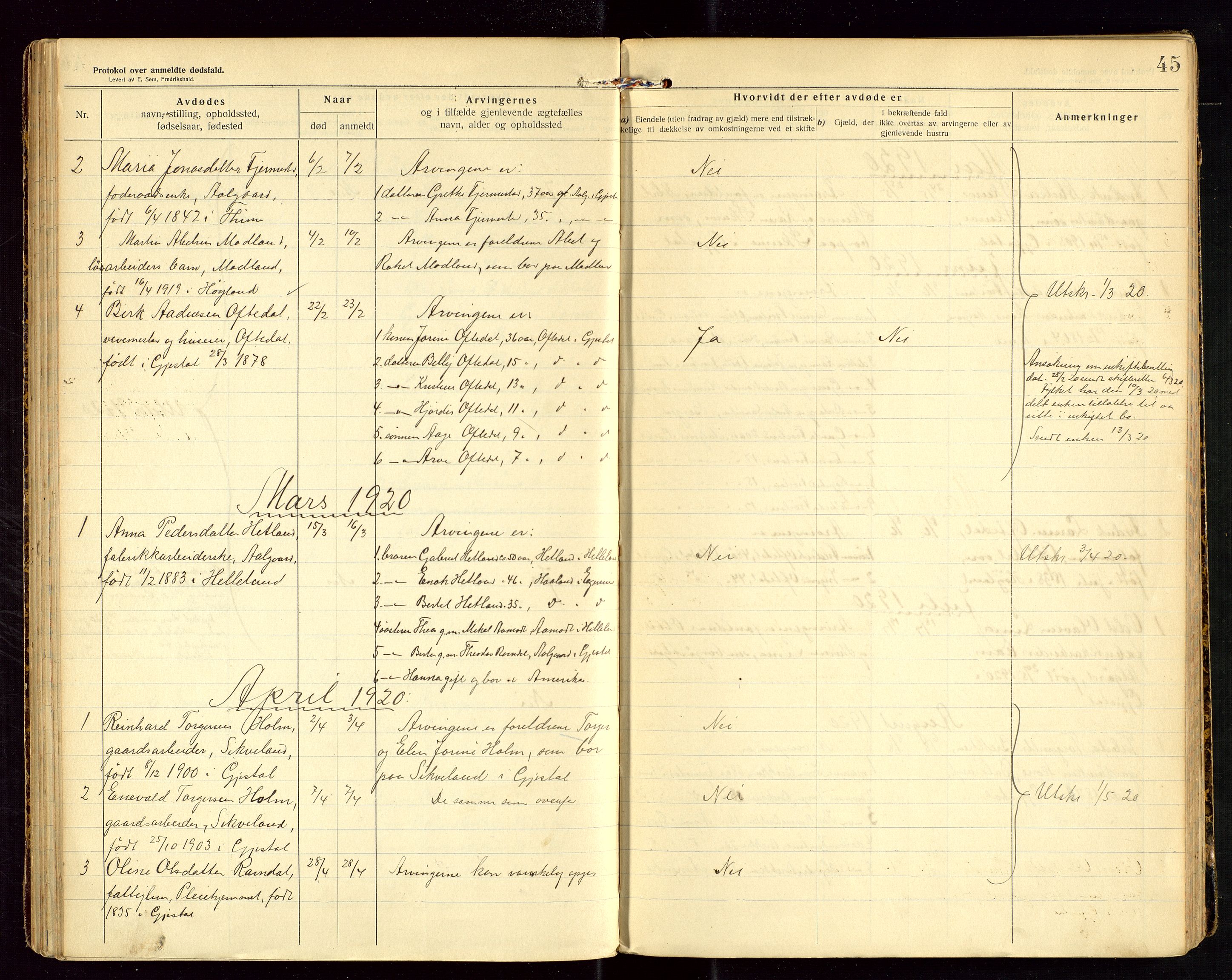 Gjesdal lensmannskontor, SAST/A-100441/Gga/L0002: Dødsfallprotokoll, 1911-1933, p. 45