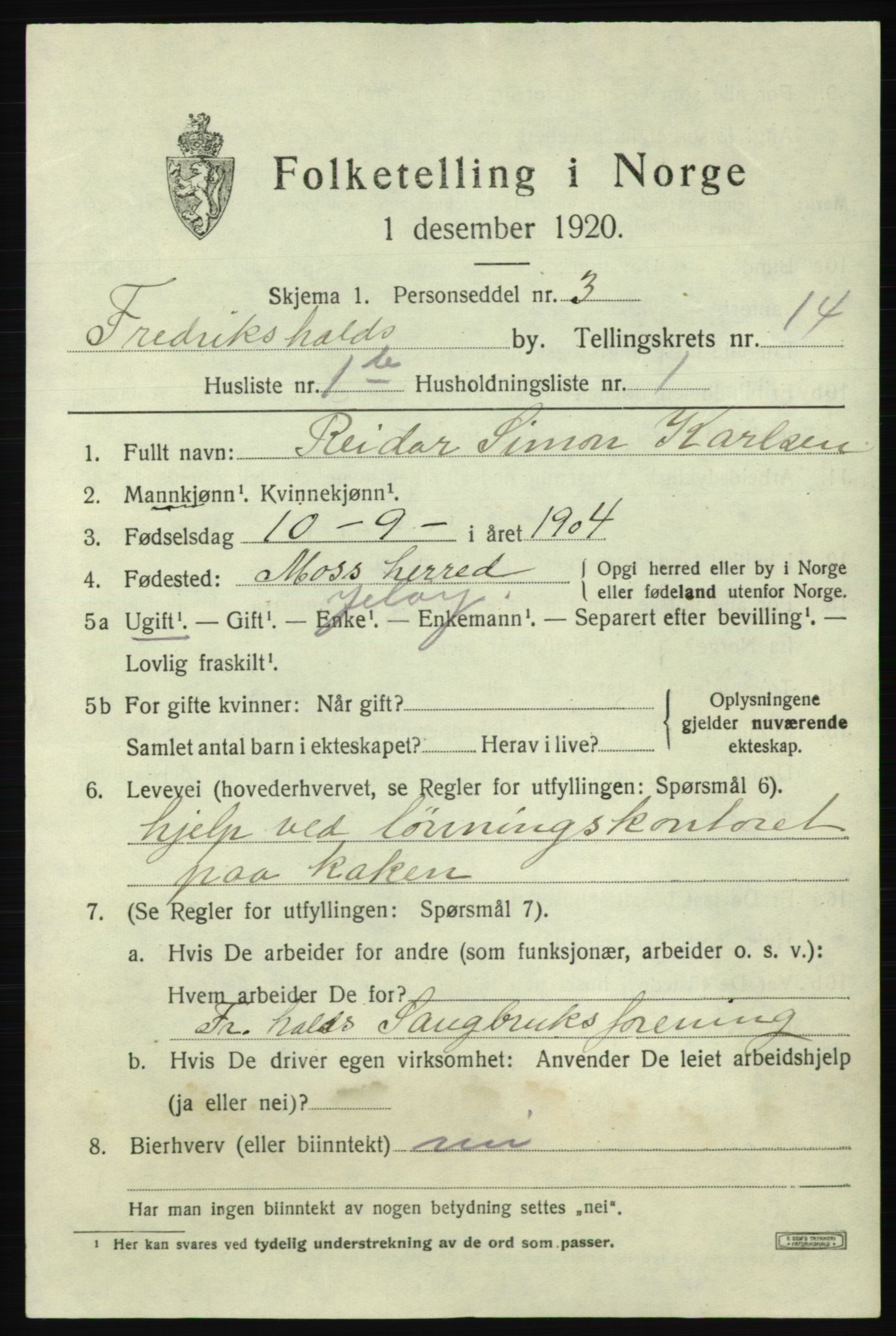 SAO, 1920 census for Fredrikshald, 1920, p. 22159