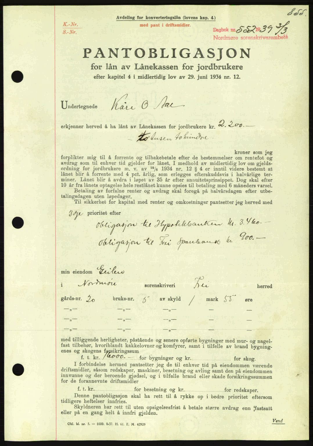 Nordmøre sorenskriveri, SAT/A-4132/1/2/2Ca: Mortgage book no. B84, 1938-1939, Diary no: : 552/1939