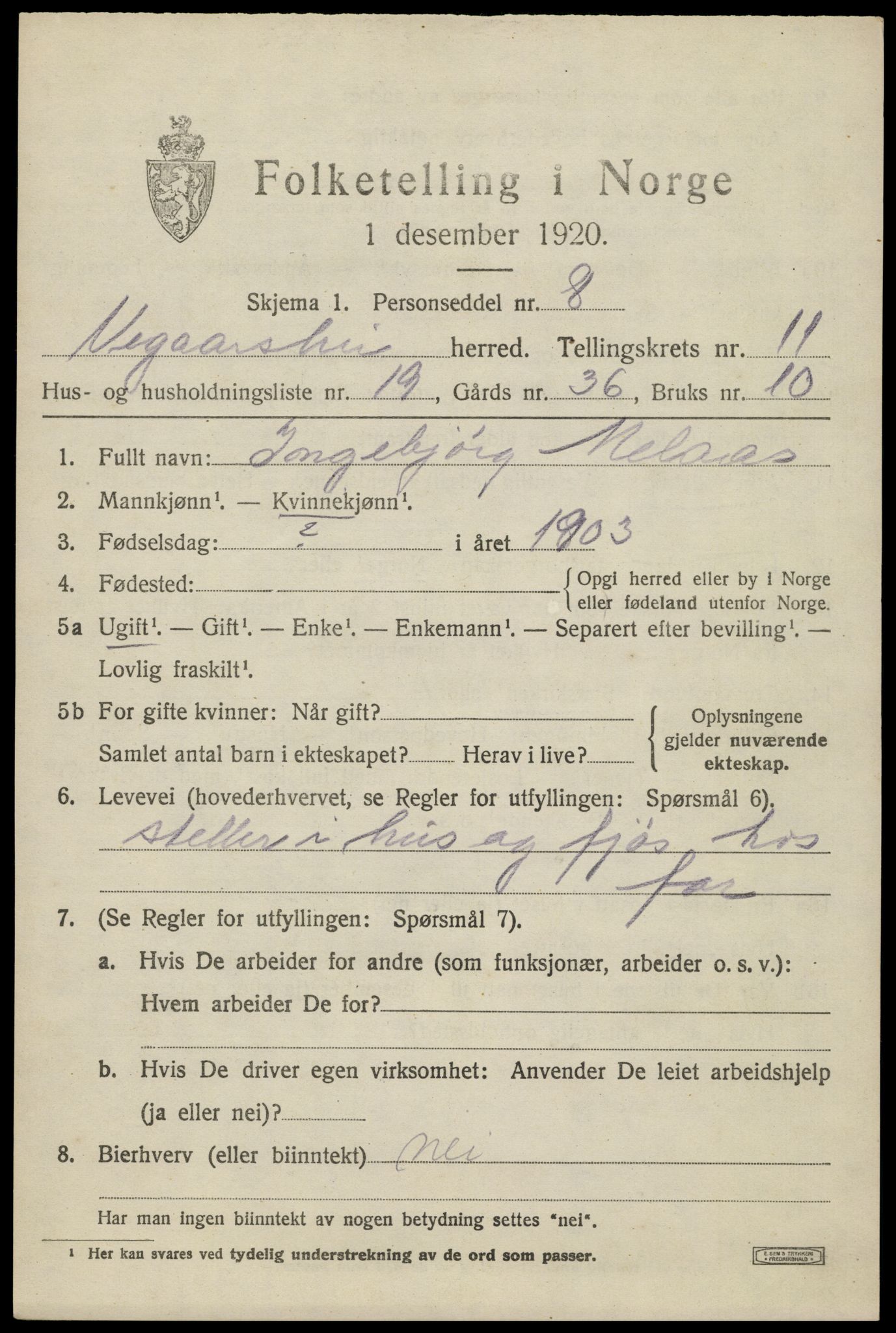 SAK, 1920 census for Vegårshei, 1920, p. 3684