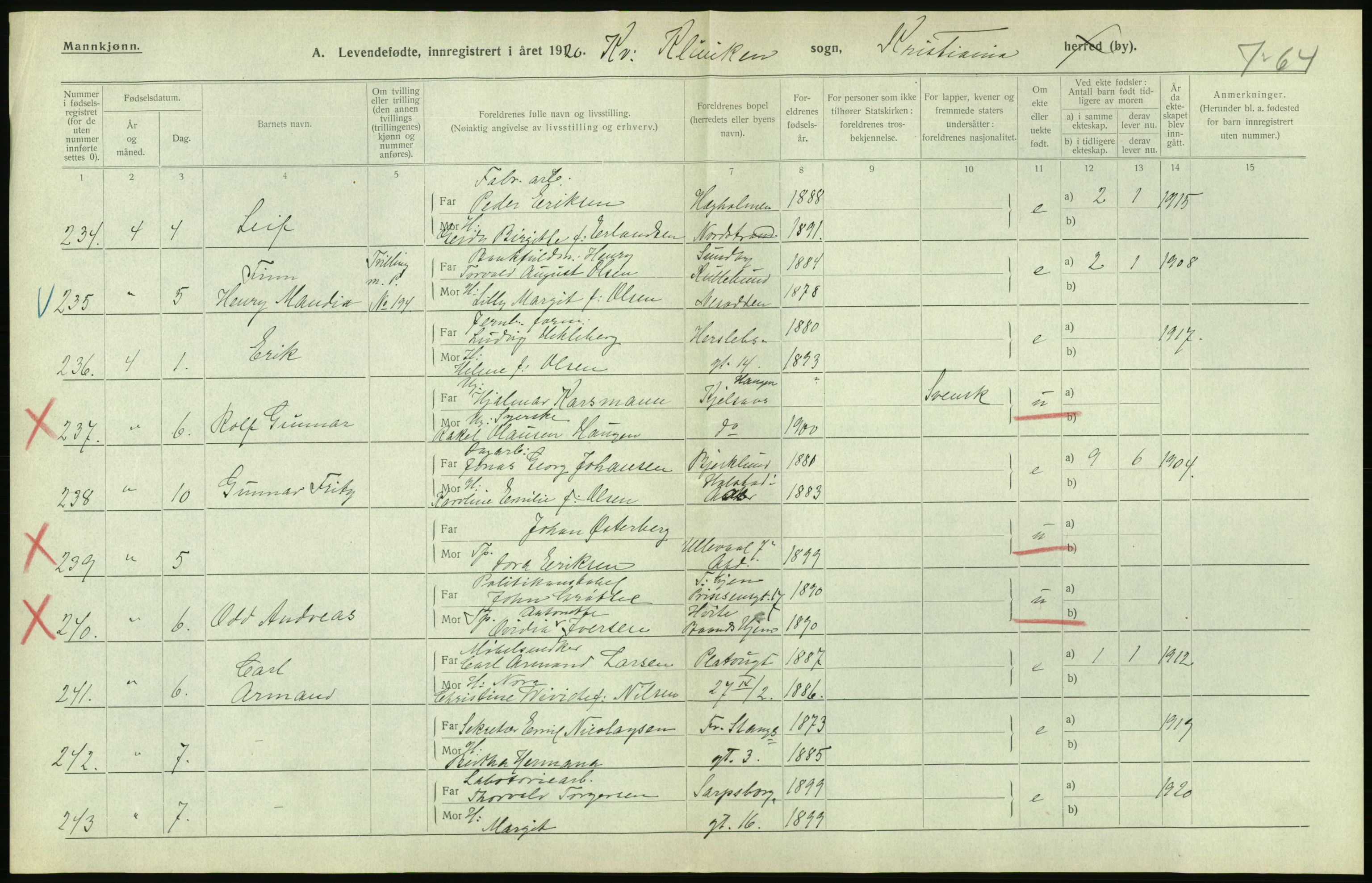 Statistisk sentralbyrå, Sosiodemografiske emner, Befolkning, AV/RA-S-2228/D/Df/Dfb/Dfbj/L0008: Kristiania: Levendefødte menn og kvinner., 1920, p. 372