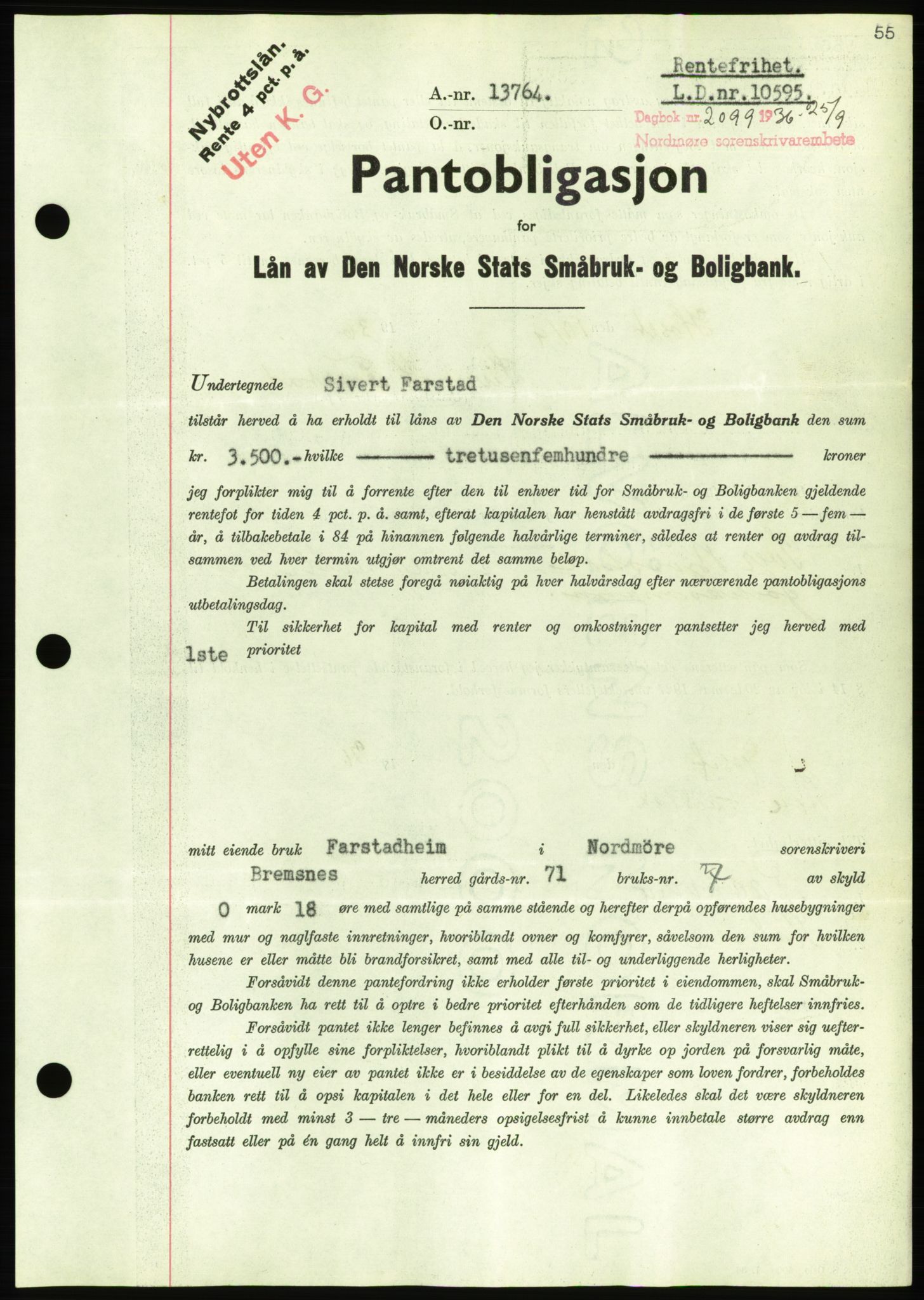 Nordmøre sorenskriveri, AV/SAT-A-4132/1/2/2Ca/L0090: Mortgage book no. B80, 1936-1937, Diary no: : 2099/1936