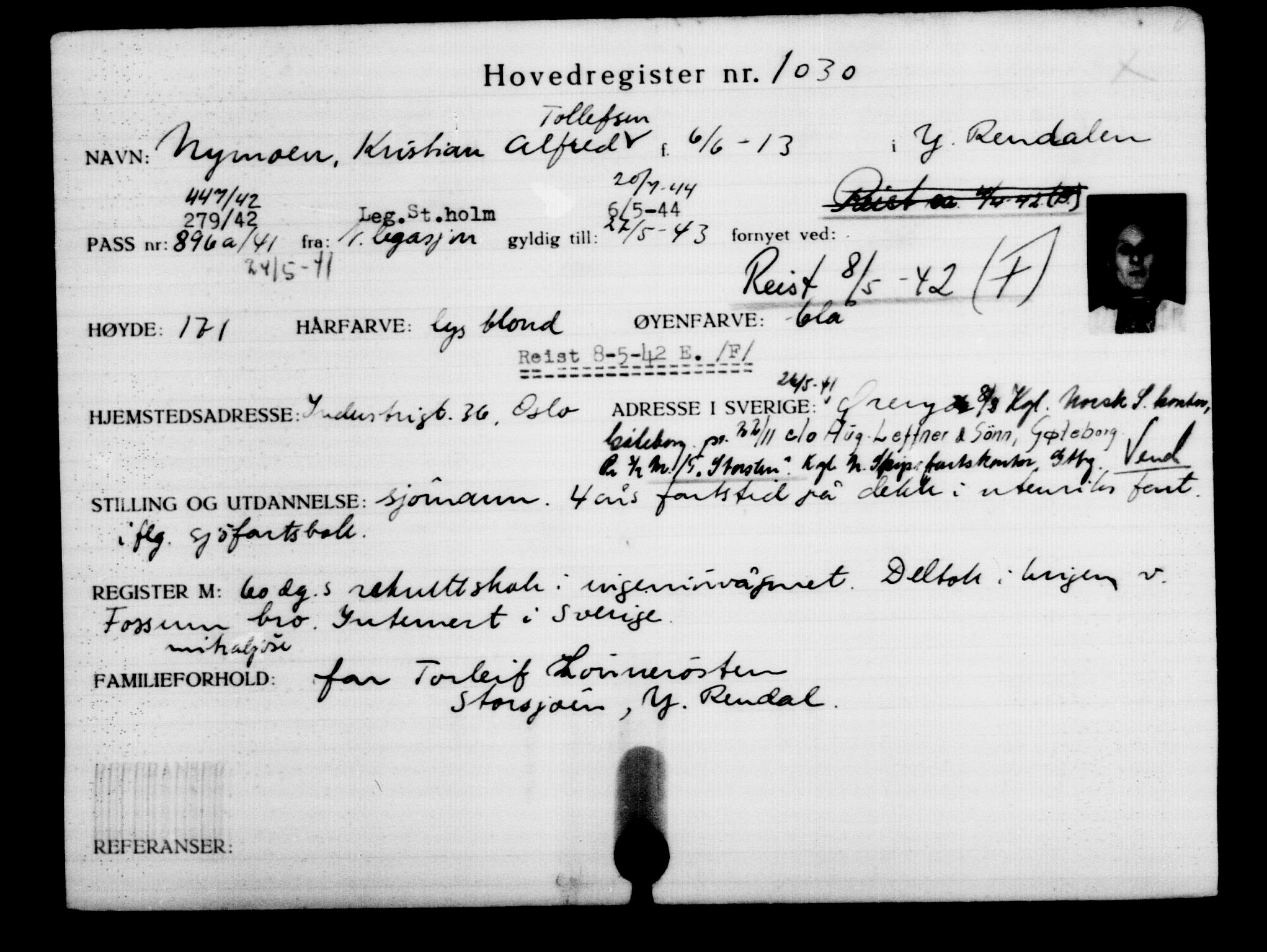 Utenriksstasjonene, Legasjonen i Stockholm, Flyktningkontoret, AV/RA-S-6753/V/Va/L0002: Kjesäterkartoteket, flyktninger med registreringsnr. 1001-2000, 1940-1945, p. 49