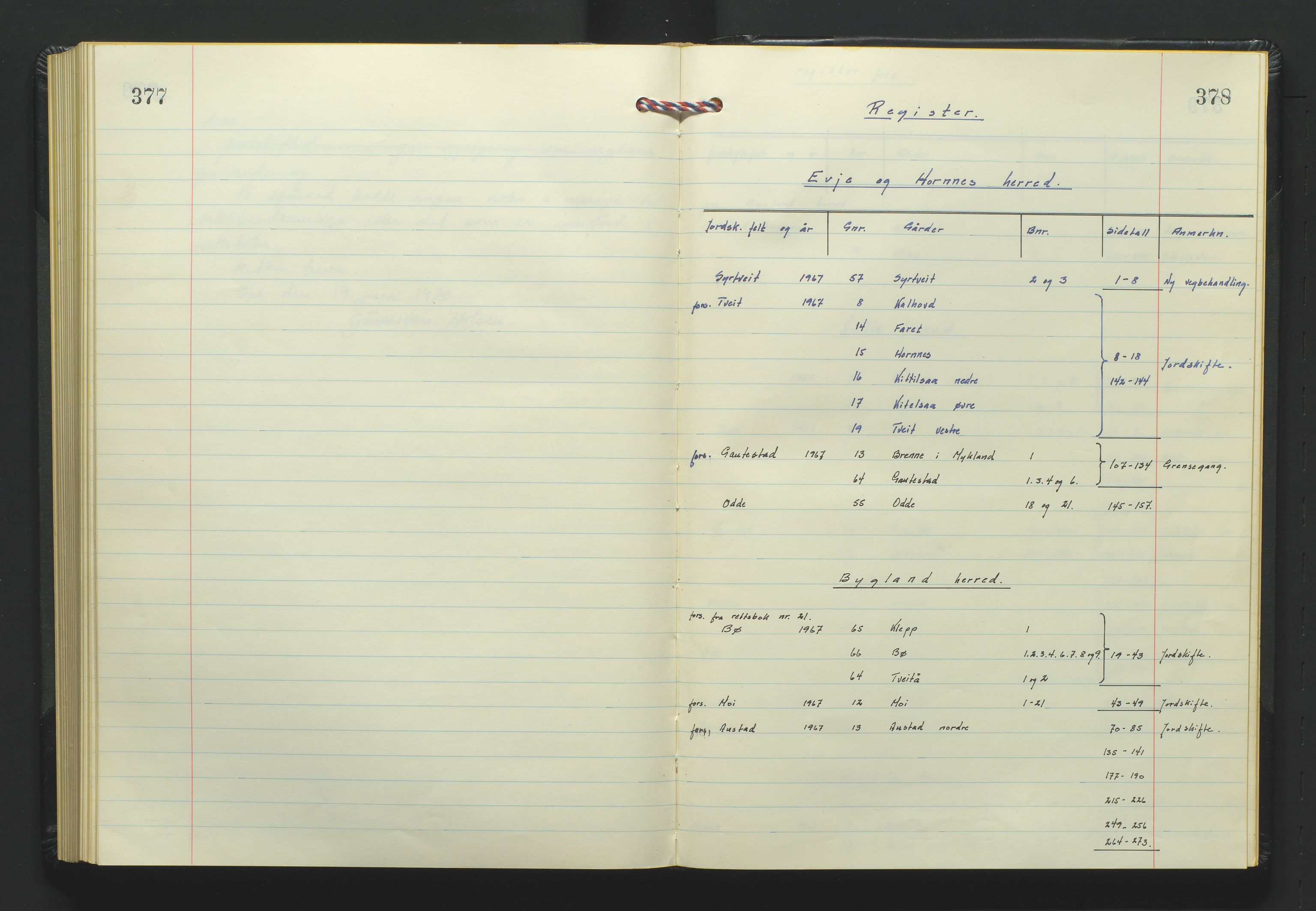 Setesdal jordskifterett, AV/SAK-1541-0008/F/Fa/Faa/L0008: Jordskifteprotokoll med gårdsregister, Setesdal domssokn nr 22, 1967-1970, p. 377-378