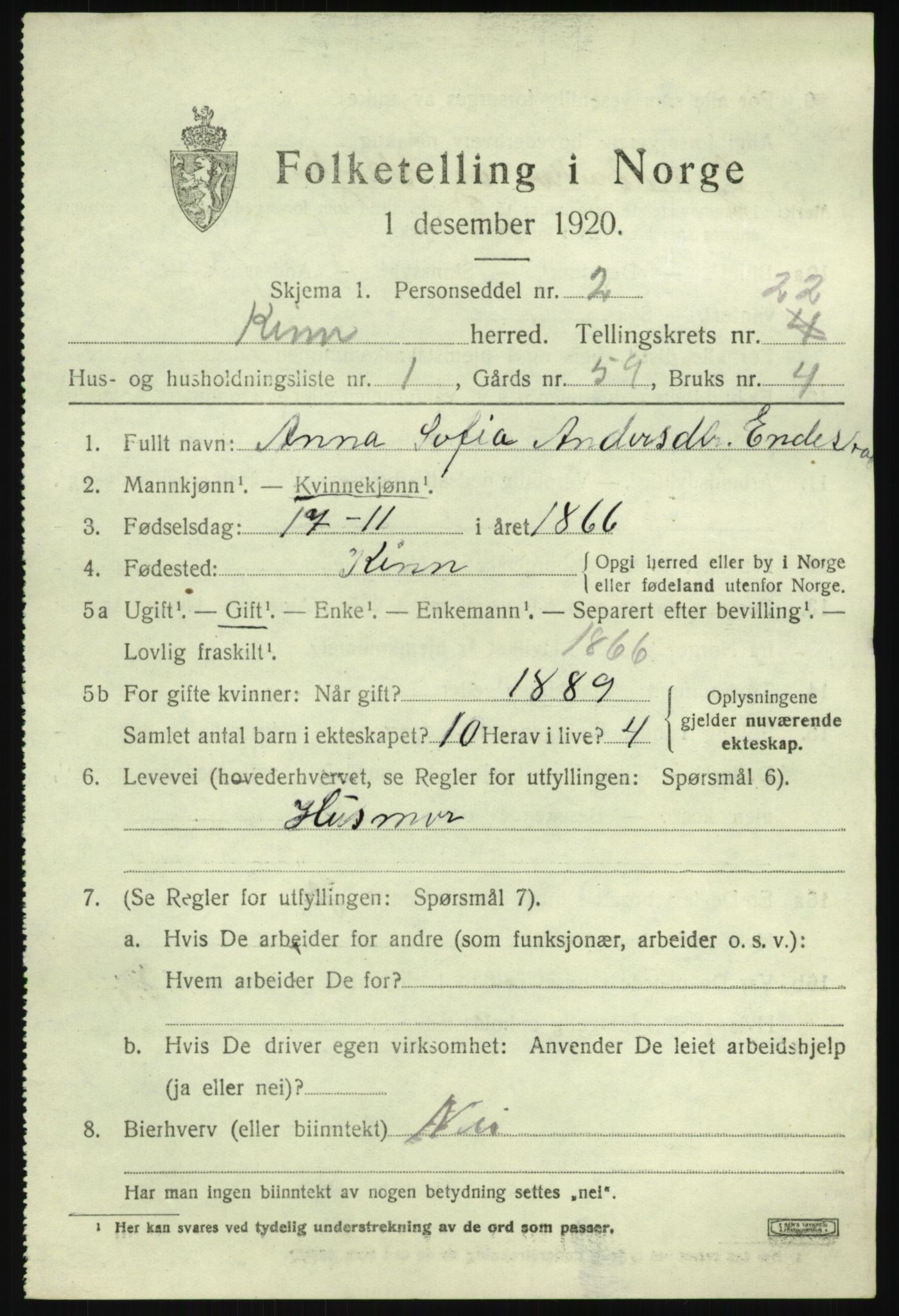 SAB, 1920 census for Kinn, 1920, p. 7883