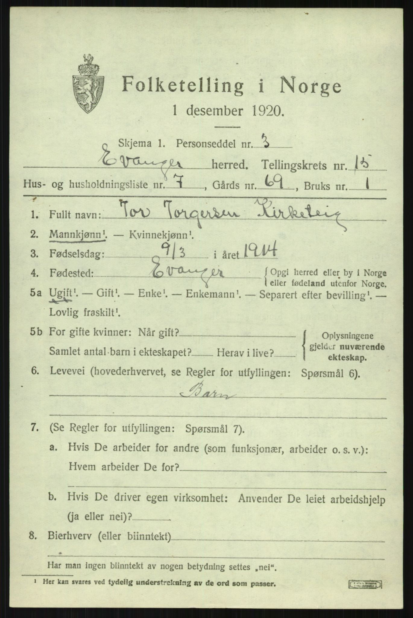 SAB, 1920 census for Evanger, 1920, p. 4203