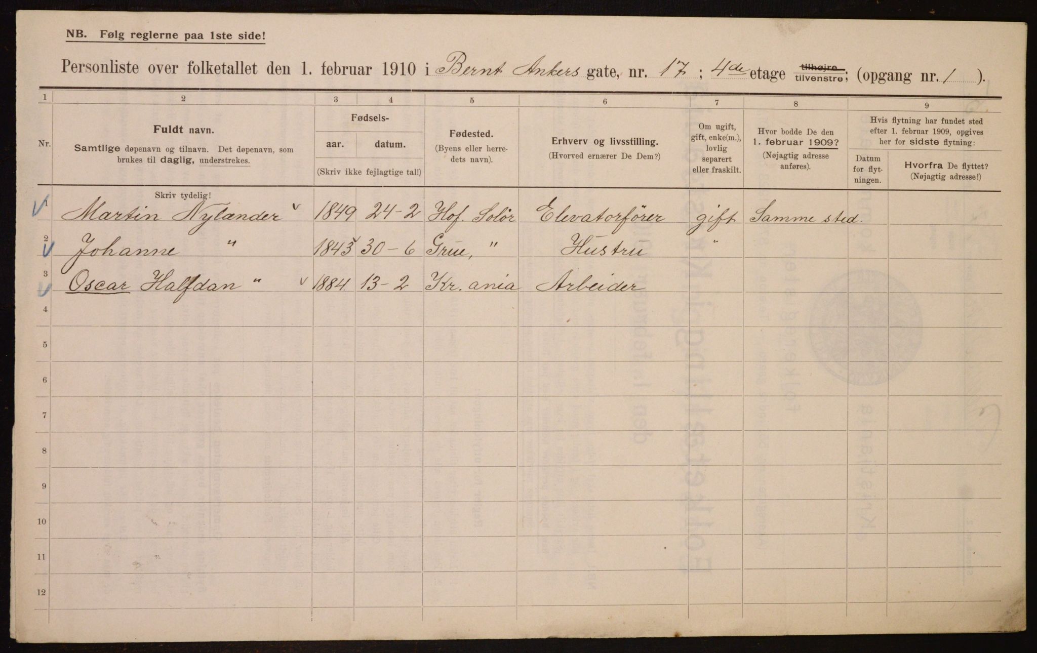 OBA, Municipal Census 1910 for Kristiania, 1910, p. 4562