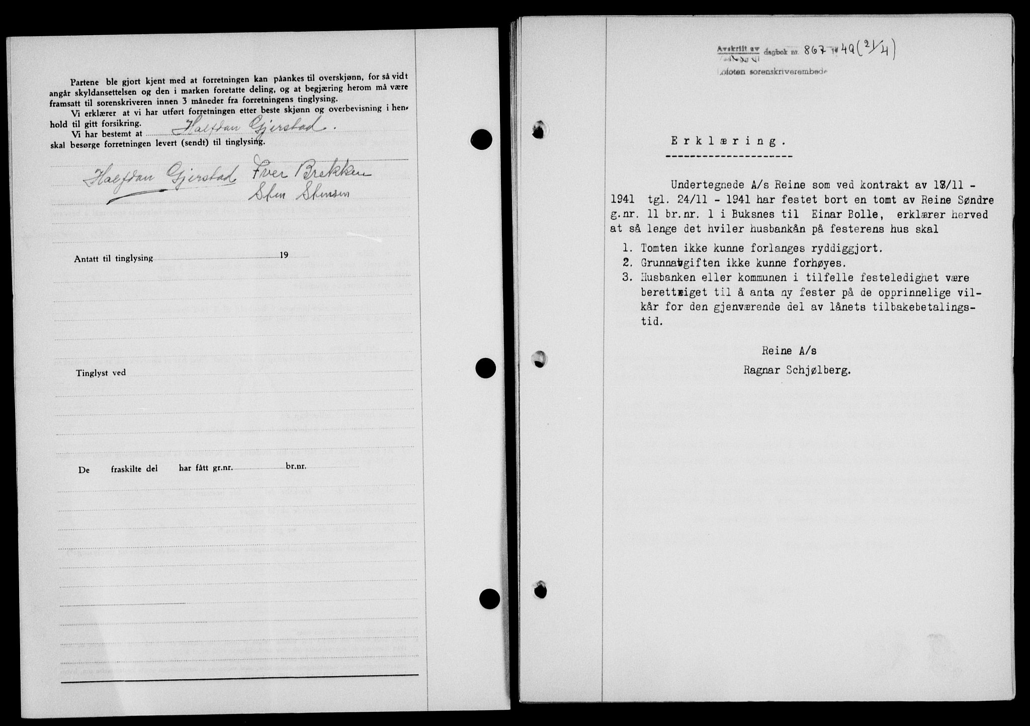 Lofoten sorenskriveri, SAT/A-0017/1/2/2C/L0020a: Mortgage book no. 20a, 1948-1949, Diary no: : 867/1949