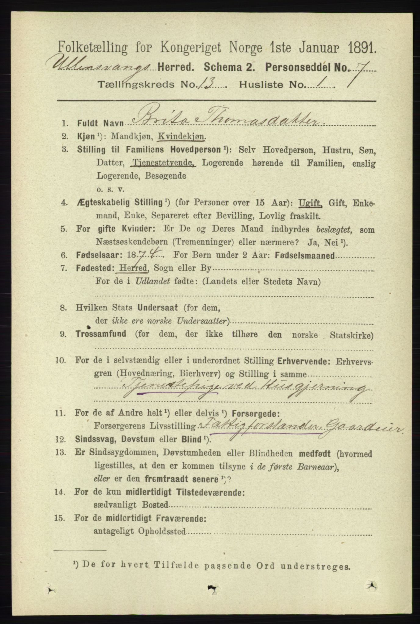 RA, 1891 census for 1230 Ullensvang, 1891, p. 5095