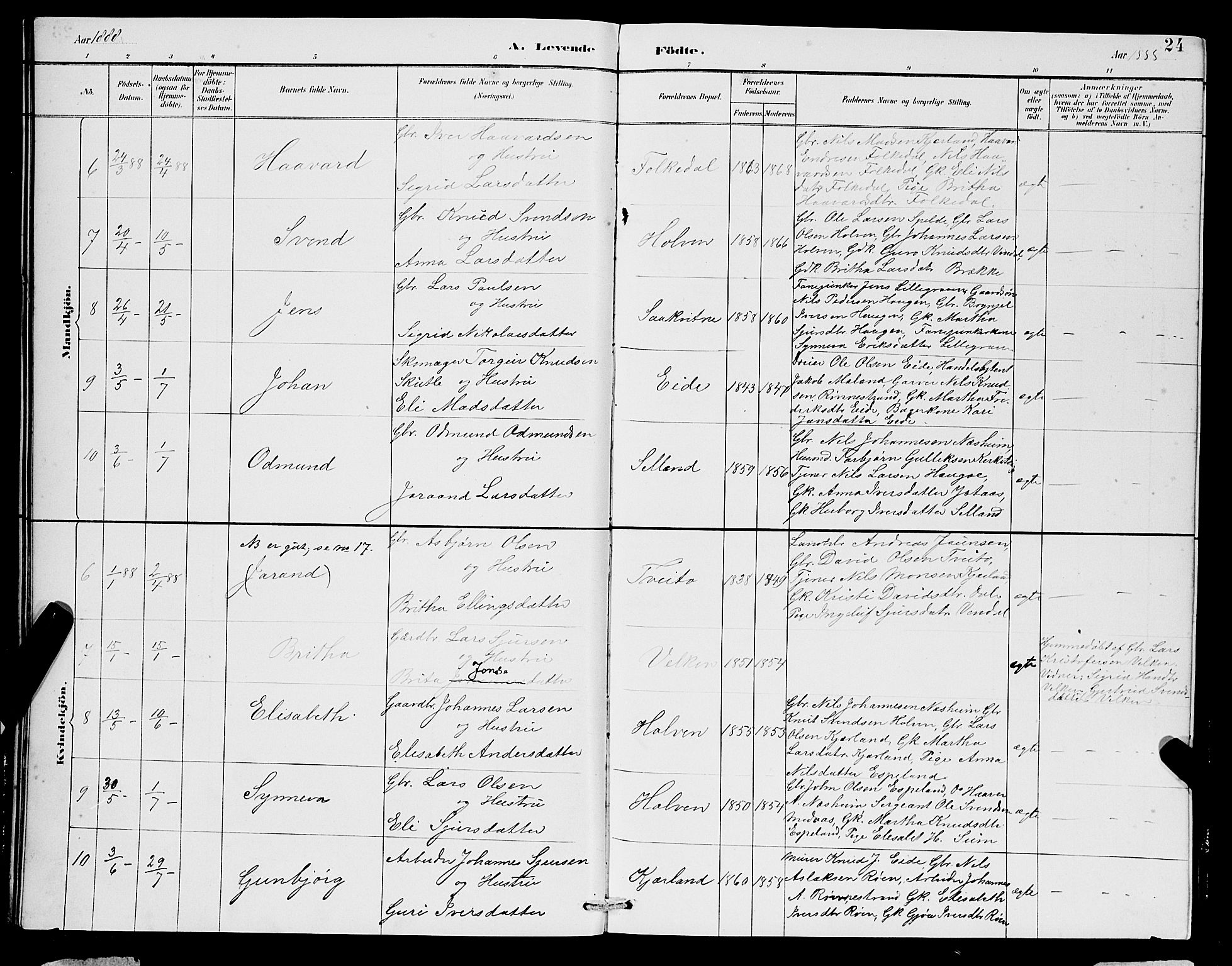 Ulvik sokneprestembete, SAB/A-78801/H/Hab: Parish register (copy) no. B 3, 1884-1901, p. 24
