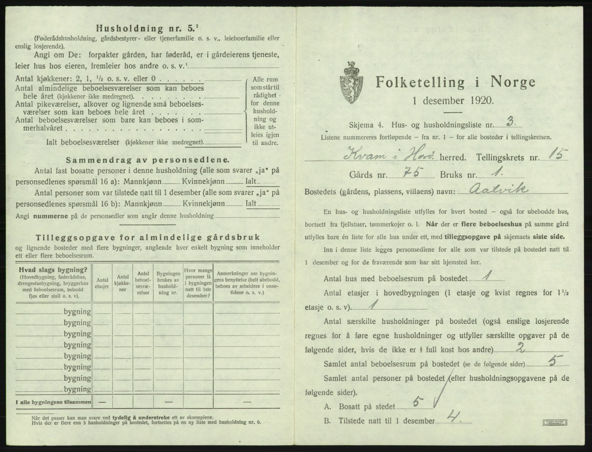 SAB, 1920 census for Kvam, 1920, p. 1240