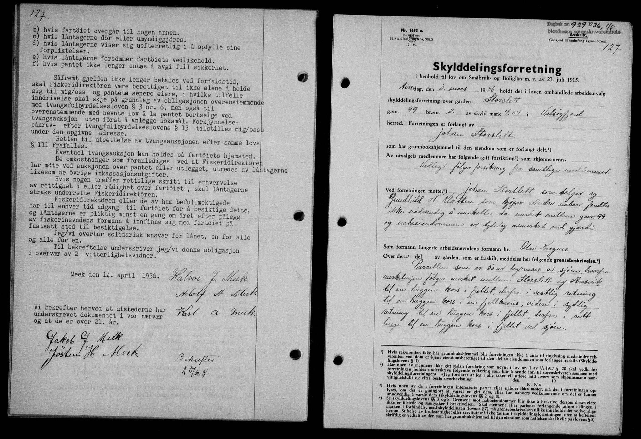 Nordmøre sorenskriveri, AV/SAT-A-4132/1/2/2Ca/L0088: Mortgage book no. 78, 1936-1936, Diary no: : 929/1936