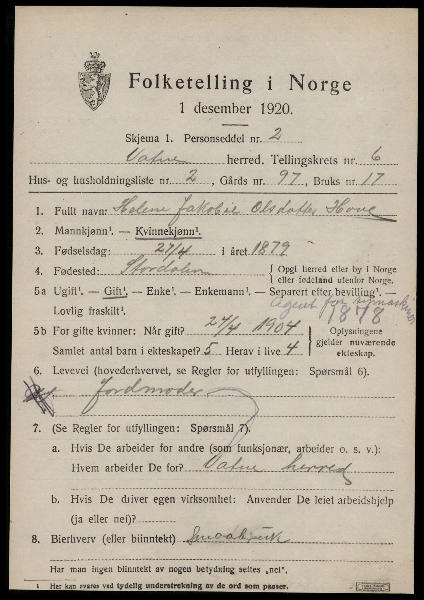 SAT, 1920 census for Vatne, 1920, p. 2706