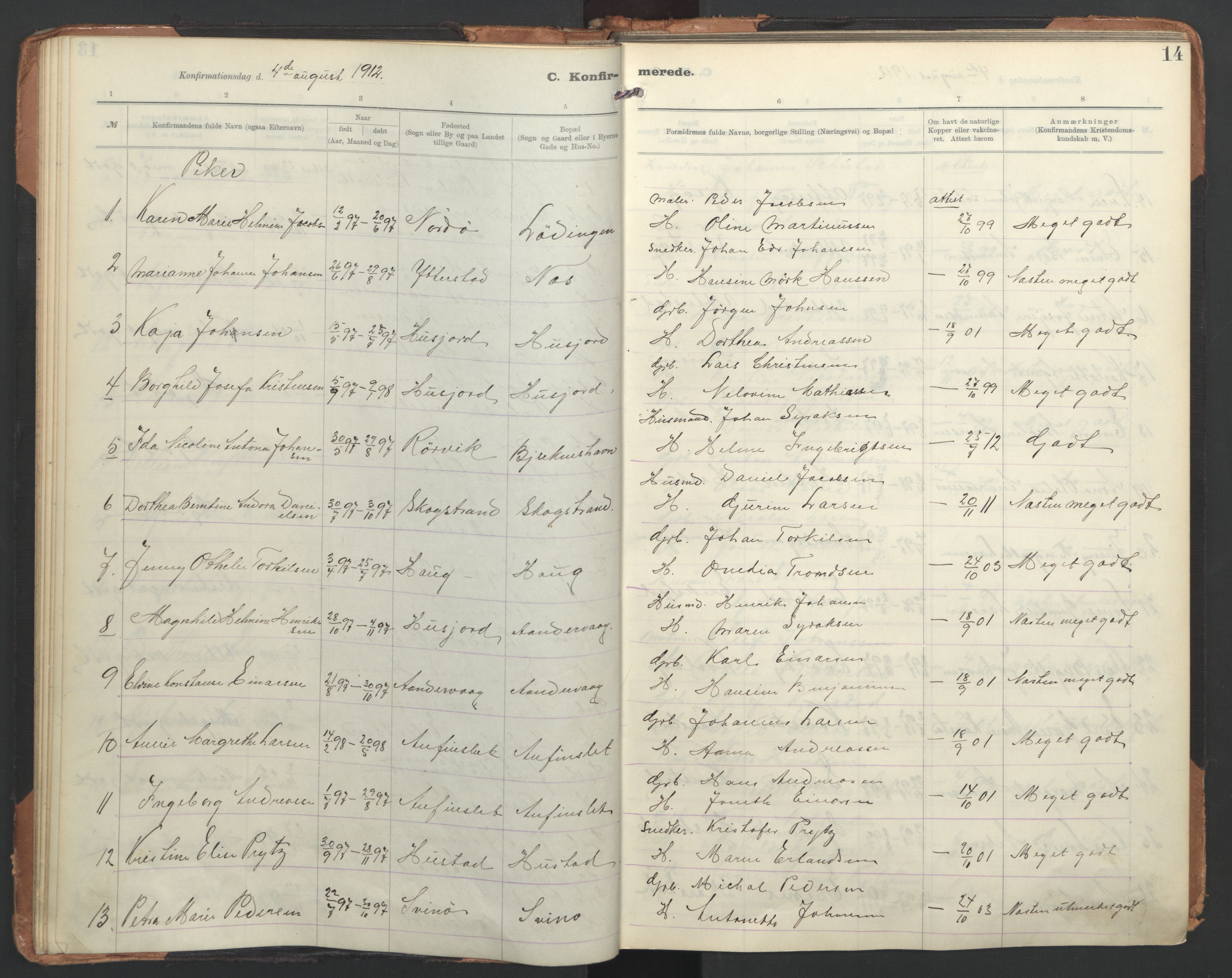 Ministerialprotokoller, klokkerbøker og fødselsregistre - Nordland, AV/SAT-A-1459/872/L1042: Parish register (official) no. 872A17, 1910-1937, p. 14