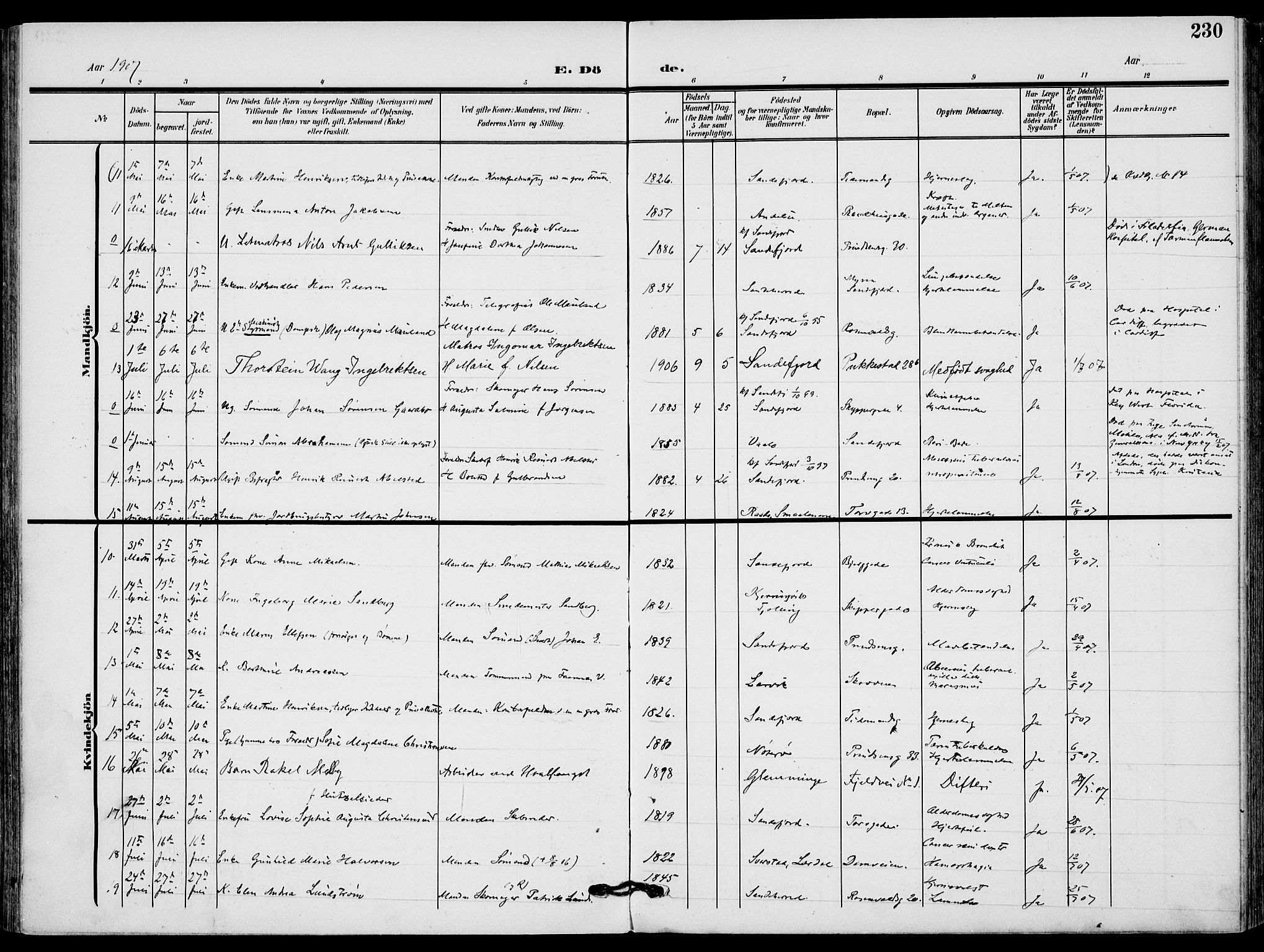 Sandefjord kirkebøker, AV/SAKO-A-315/F/Fa/L0005: Parish register (official) no. 5, 1906-1915, p. 230