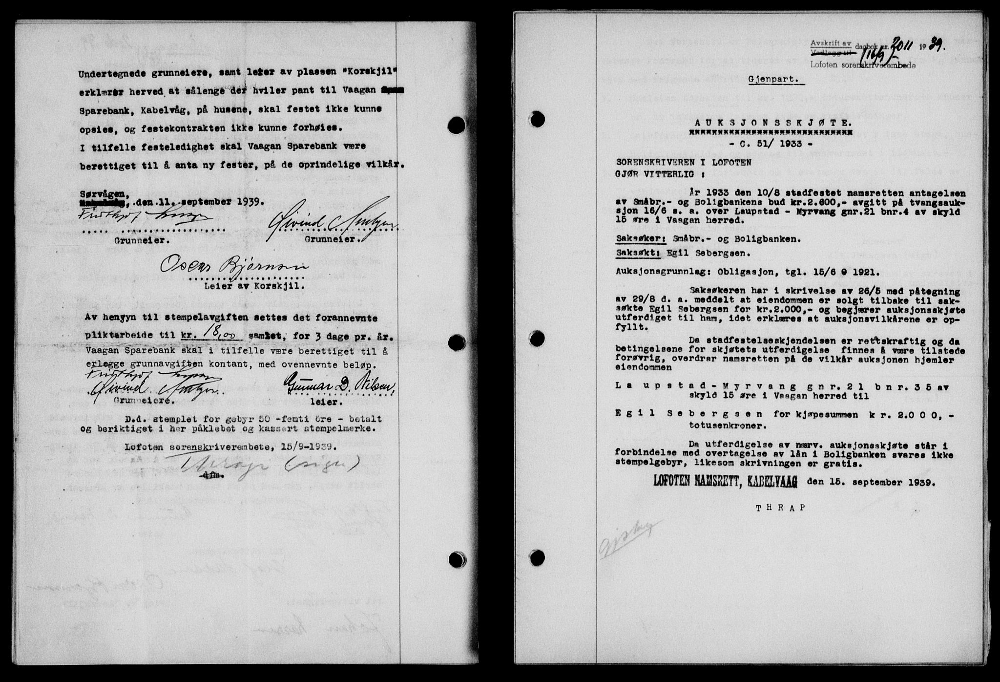 Lofoten sorenskriveri, SAT/A-0017/1/2/2C/L0006a: Mortgage book no. 6a, 1939-1939, Diary no: : 2011/1939