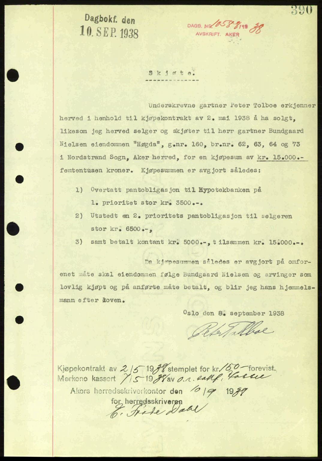 Aker herredsskriveri, SAO/A-10896/G/Gb/Gba/Gbab/L0025: Mortgage book no. A154-155, 1938-1938, Diary no: : 10588/1938