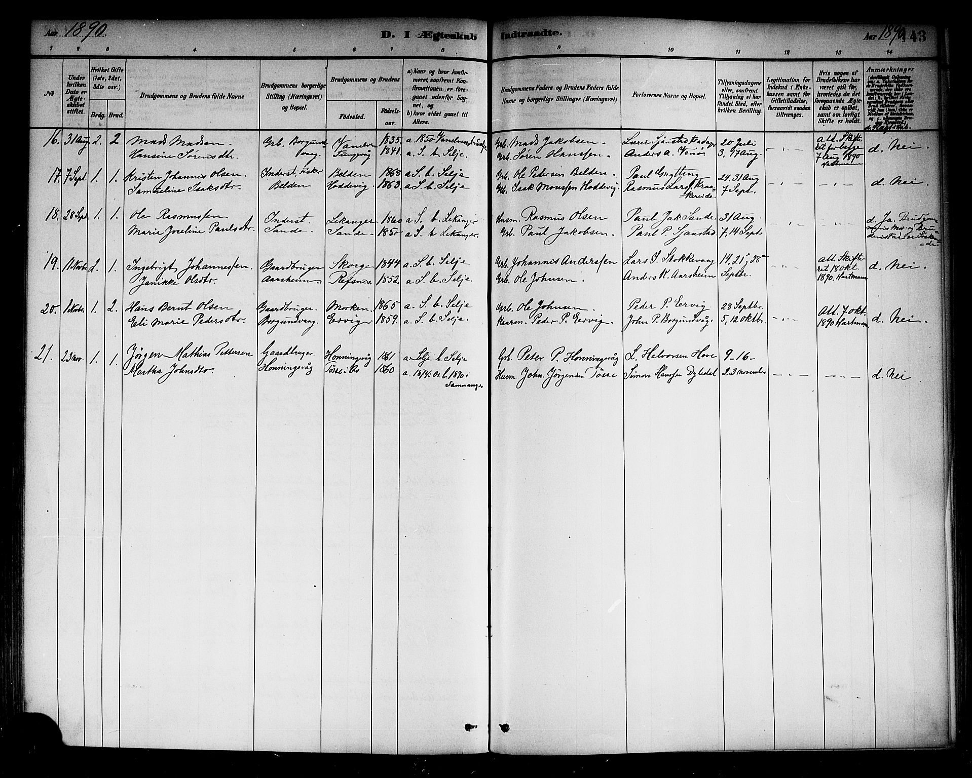 Selje sokneprestembete, AV/SAB-A-99938/H/Ha/Haa/Haab: Parish register (official) no. B 1, 1881-1890, p. 143