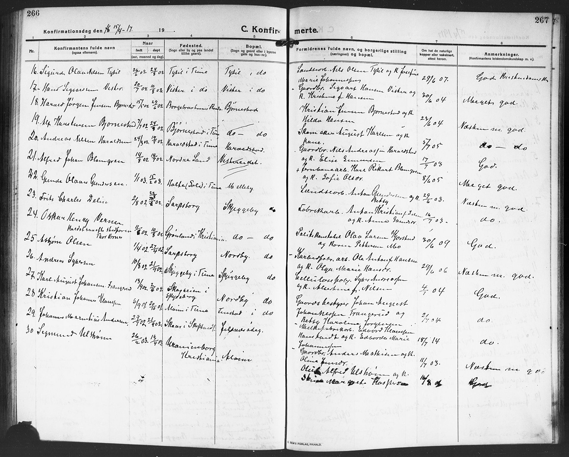 Tune prestekontor Kirkebøker, SAO/A-2007/G/Ga/L0003: Parish register (copy) no. I 3, 1914-1919, p. 266-267