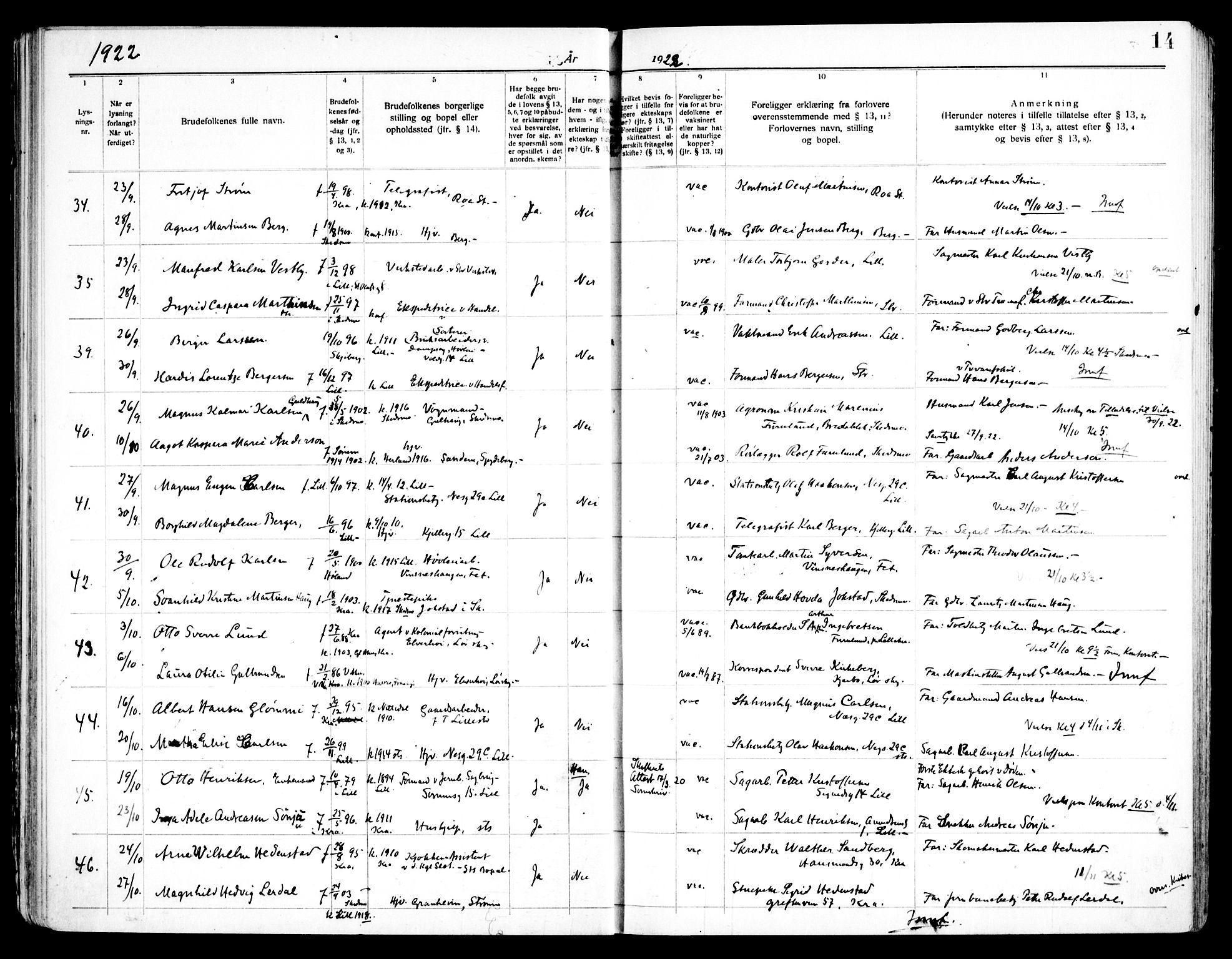 Skedsmo prestekontor Kirkebøker, SAO/A-10033a/H/Ha/L0002: Banns register no. I 2, 1919-1949, p. 14