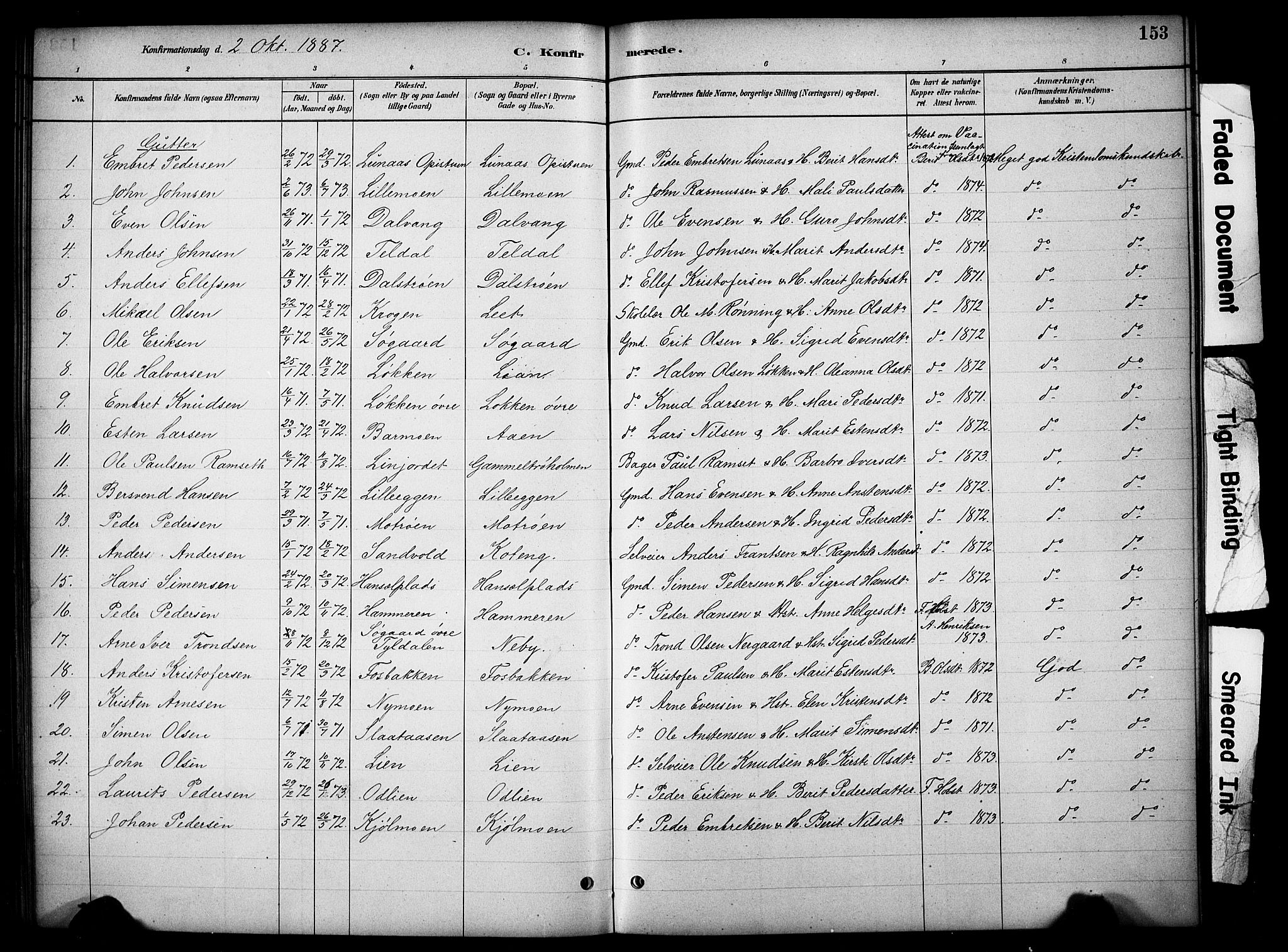 Tynset prestekontor, SAH/PREST-058/H/Ha/Hab/L0006: Parish register (copy) no. 6, 1880-1899, p. 153