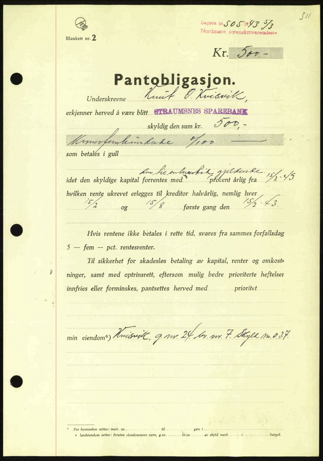 Nordmøre sorenskriveri, AV/SAT-A-4132/1/2/2Ca: Mortgage book no. B90, 1942-1943, Diary no: : 505/1943