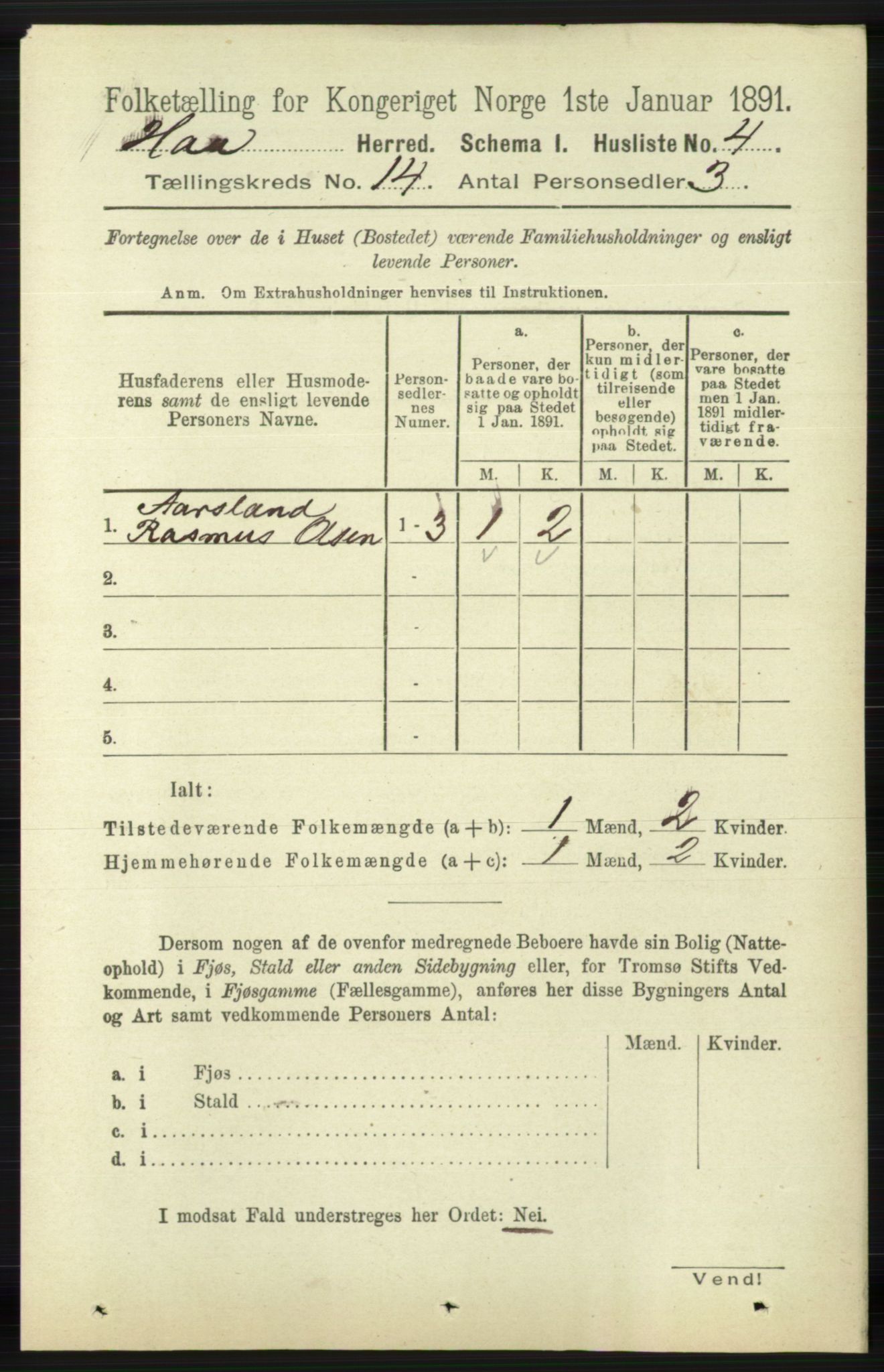 RA, 1891 census for 1119 Hå, 1891, p. 3324