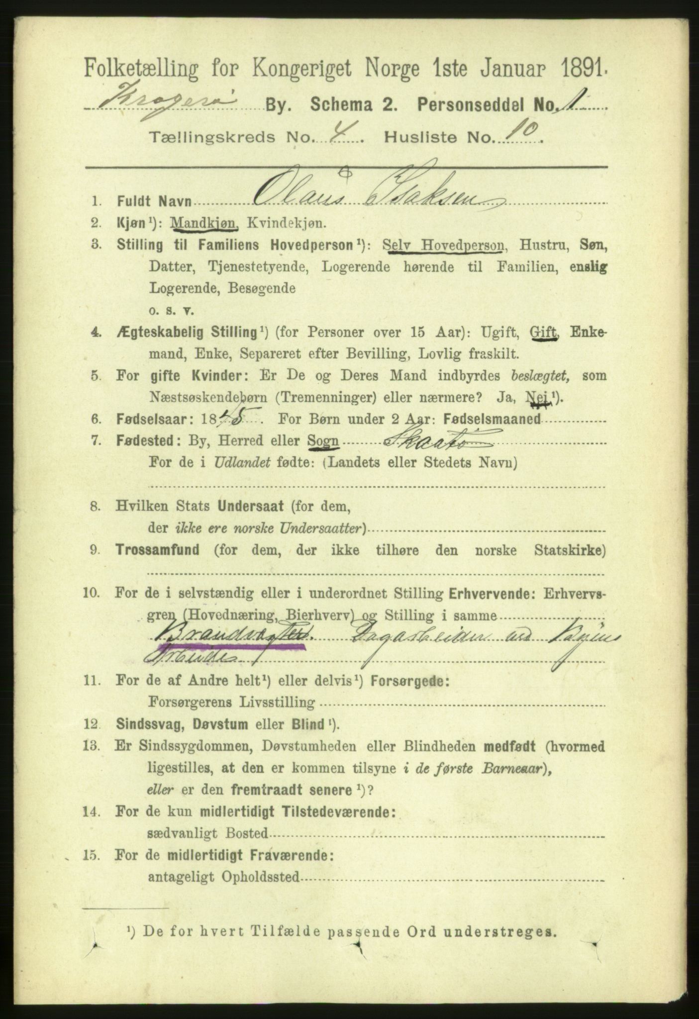 RA, 1891 census for 0801 Kragerø, 1891, p. 2884