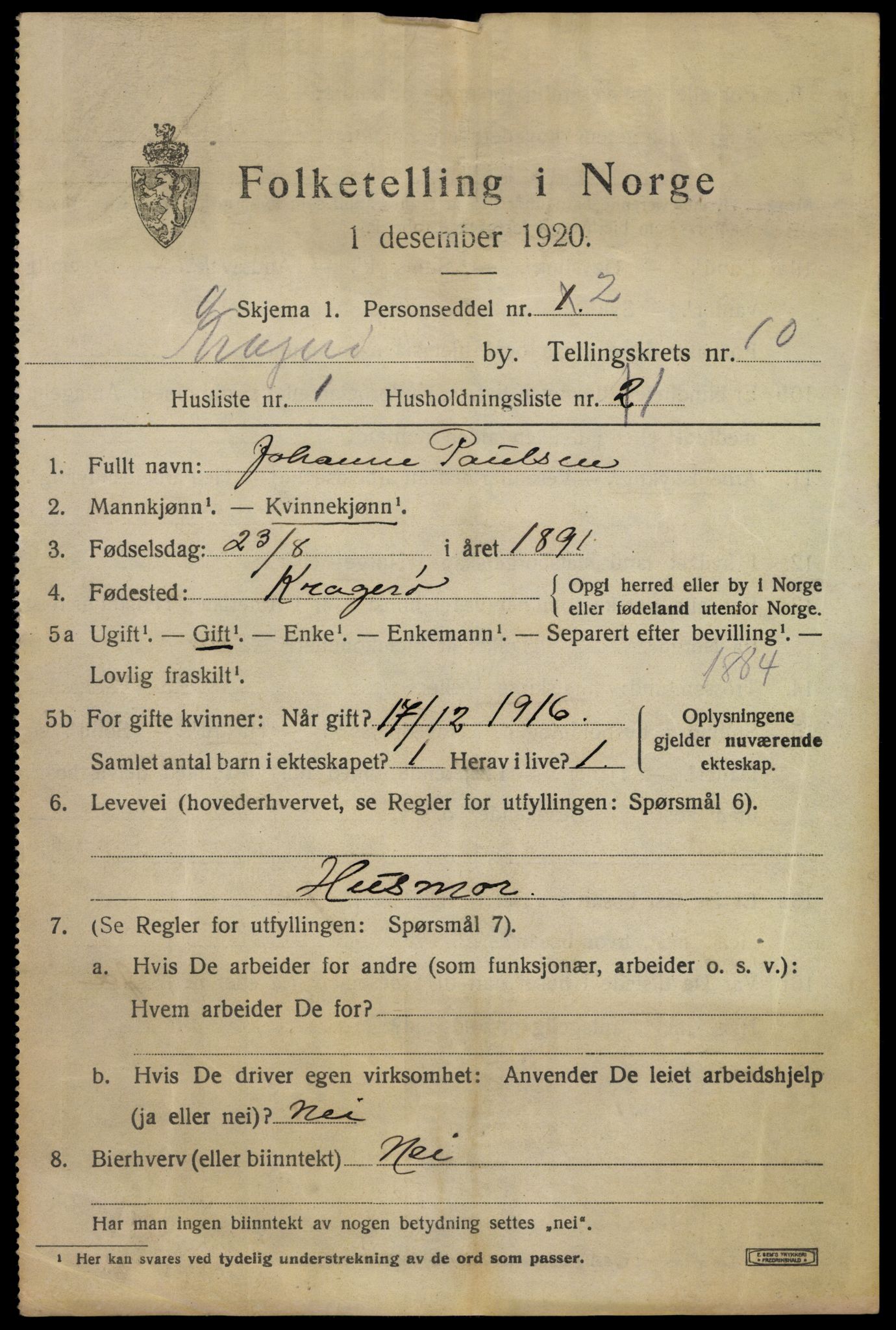 SAKO, 1920 census for Kragerø, 1920, p. 13023