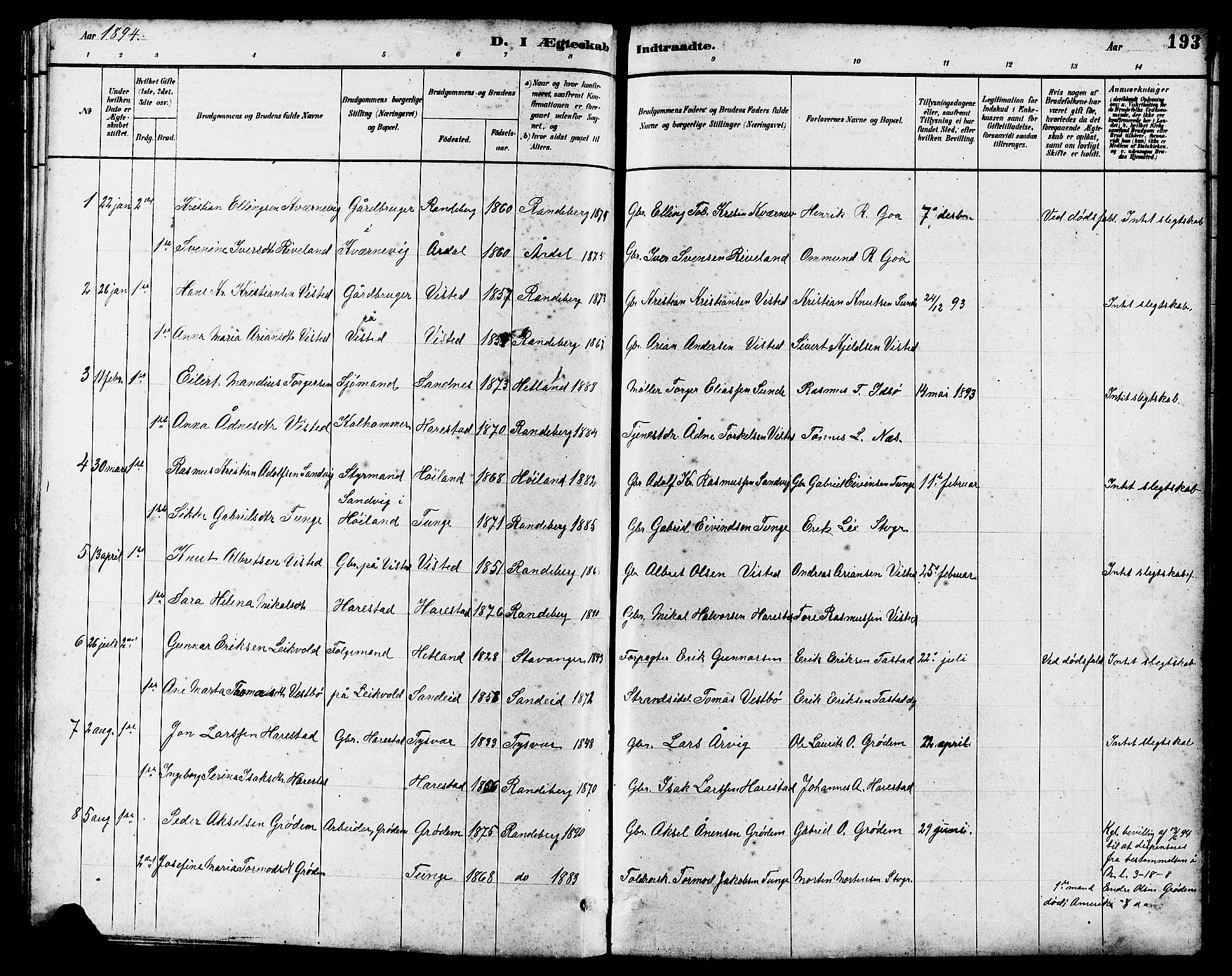 Hetland sokneprestkontor, SAST/A-101826/30/30BB/L0006: Parish register (copy) no. B 6, 1878-1921, p. 193
