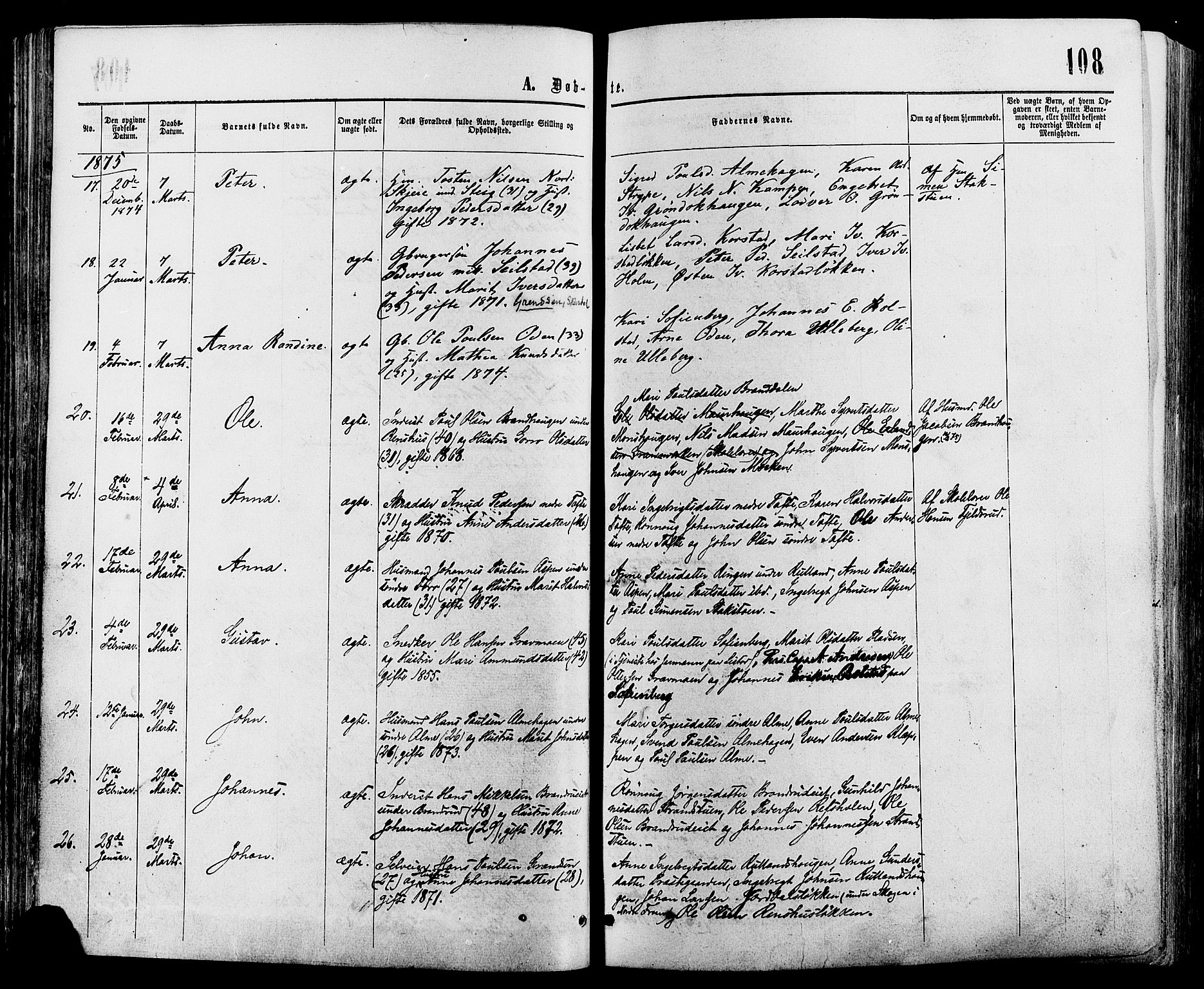 Sør-Fron prestekontor, AV/SAH-PREST-010/H/Ha/Haa/L0002: Parish register (official) no. 2, 1864-1880, p. 108