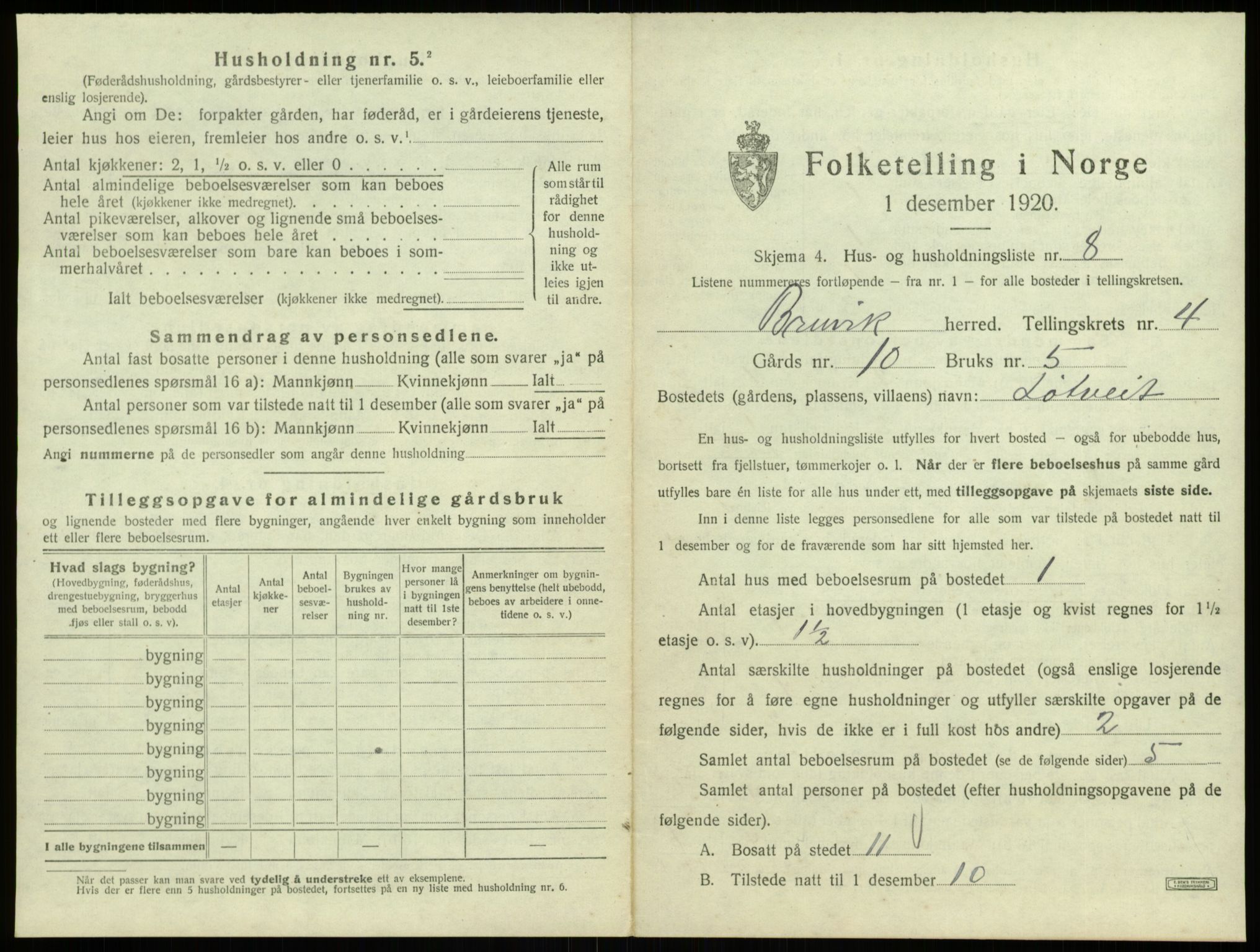 SAB, 1920 census for Bruvik, 1920, p. 252