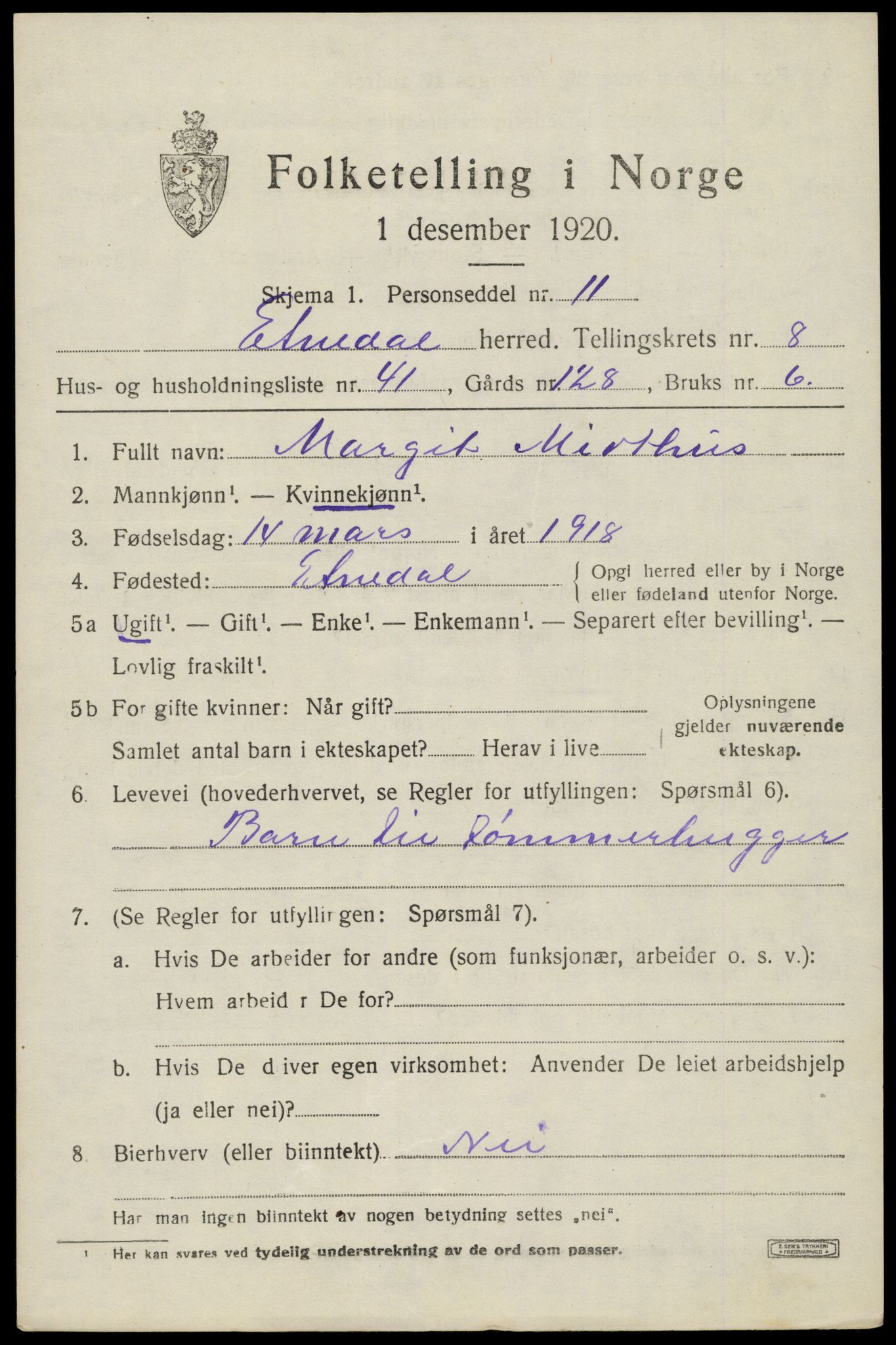 SAH, 1920 census for Etnedal, 1920, p. 3950