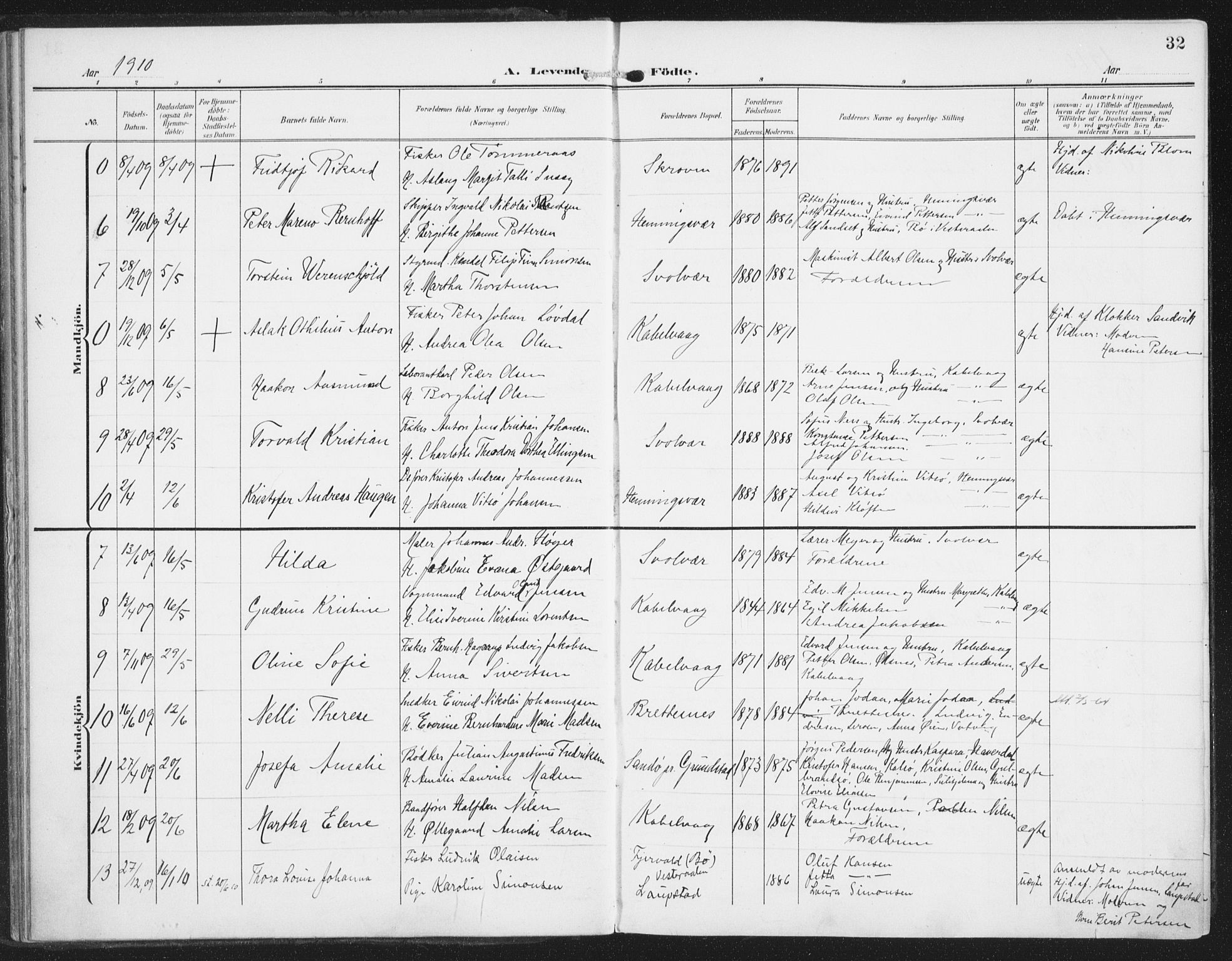 Ministerialprotokoller, klokkerbøker og fødselsregistre - Nordland, AV/SAT-A-1459/874/L1063: Parish register (official) no. 874A07, 1907-1915, p. 32