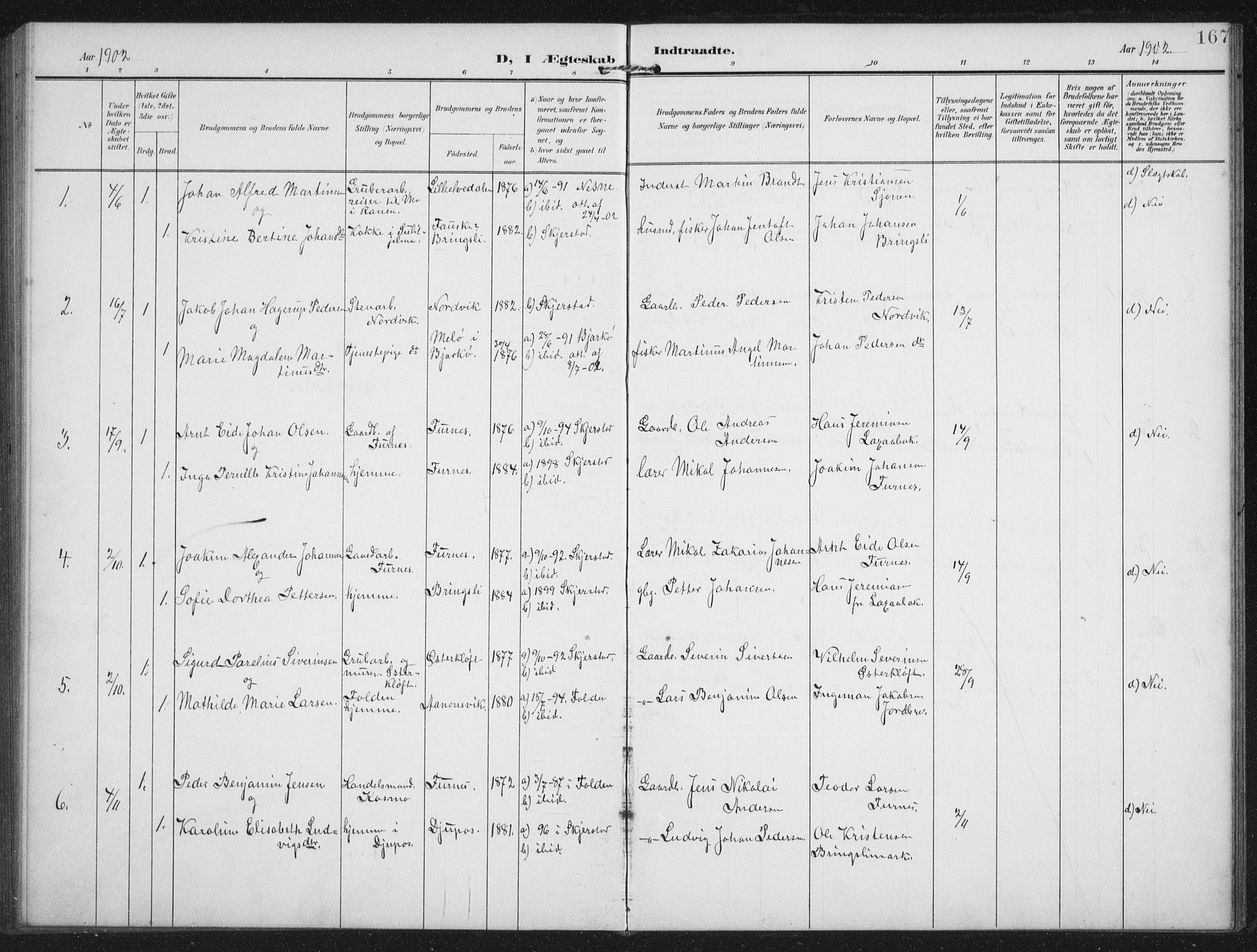 Ministerialprotokoller, klokkerbøker og fødselsregistre - Nordland, AV/SAT-A-1459/851/L0726: Parish register (copy) no. 851C01, 1902-1924, p. 167