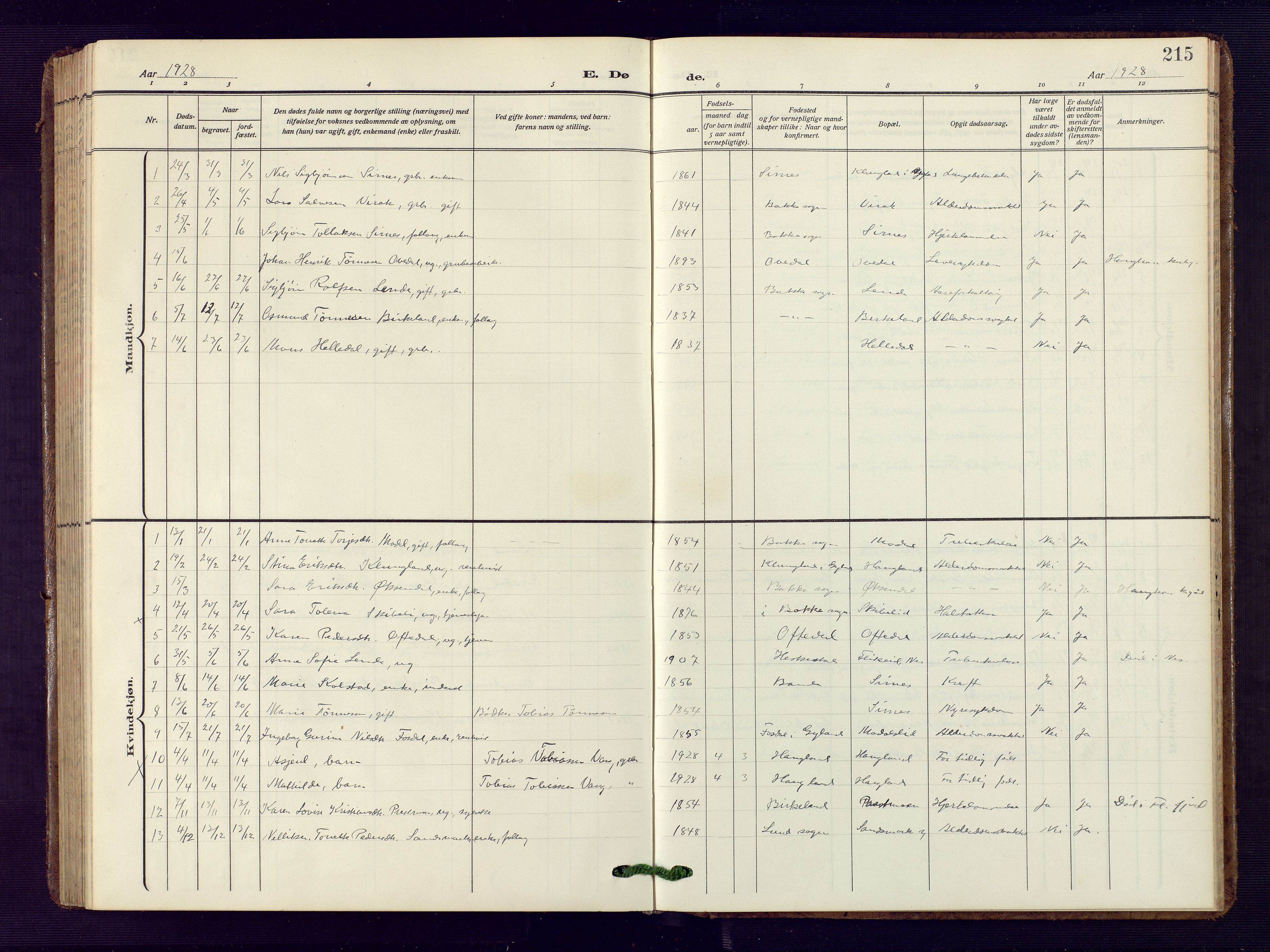 Bakke sokneprestkontor, AV/SAK-1111-0002/F/Fb/Fba/L0004: Parish register (copy) no. B 4, 1911-1946, p. 215