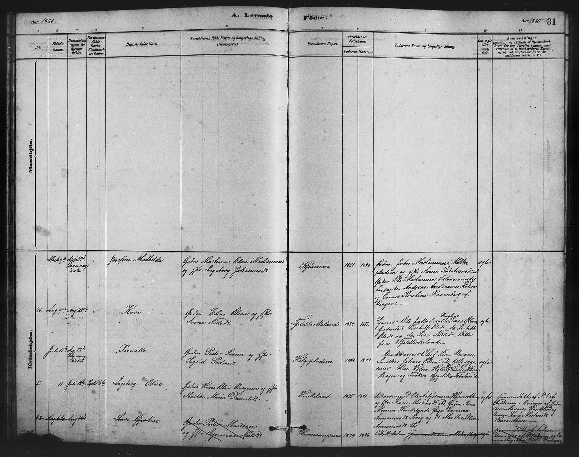 Birkeland Sokneprestembete, SAB/A-74601/H/Hab: Parish register (copy) no. A 3, 1877-1887, p. 31