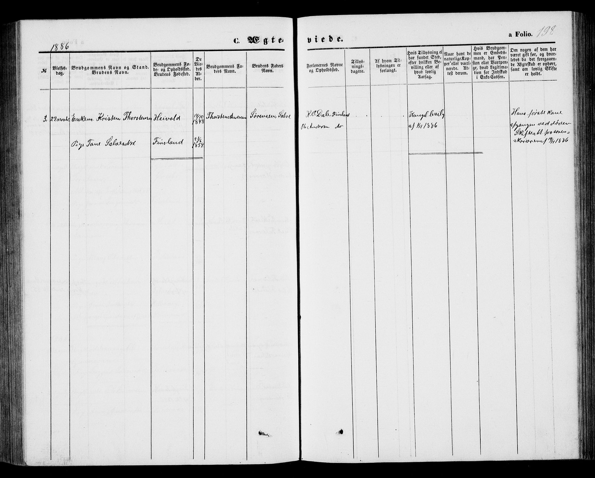 Bjelland sokneprestkontor, AV/SAK-1111-0005/F/Fb/Fbb/L0004: Parish register (copy) no. B 4, 1867-1887, p. 198