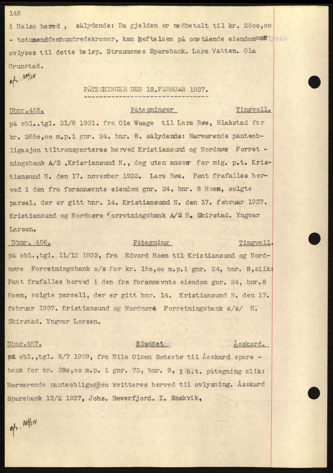 Nordmøre sorenskriveri, AV/SAT-A-4132/1/2/2Ca: Mortgage book no. C80, 1936-1939, Diary no: : 455/1937