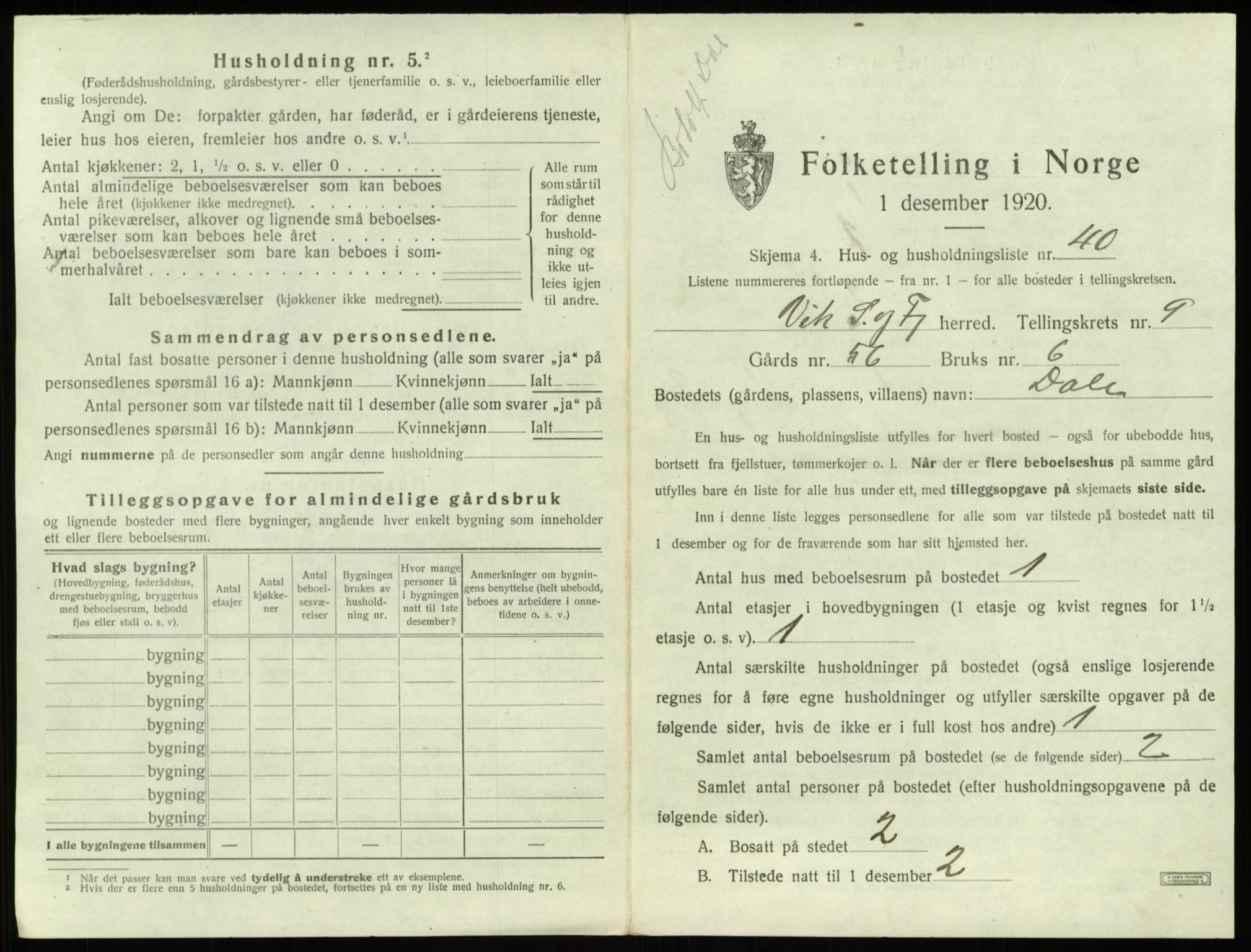 SAB, 1920 census for Vik, 1920, p. 978