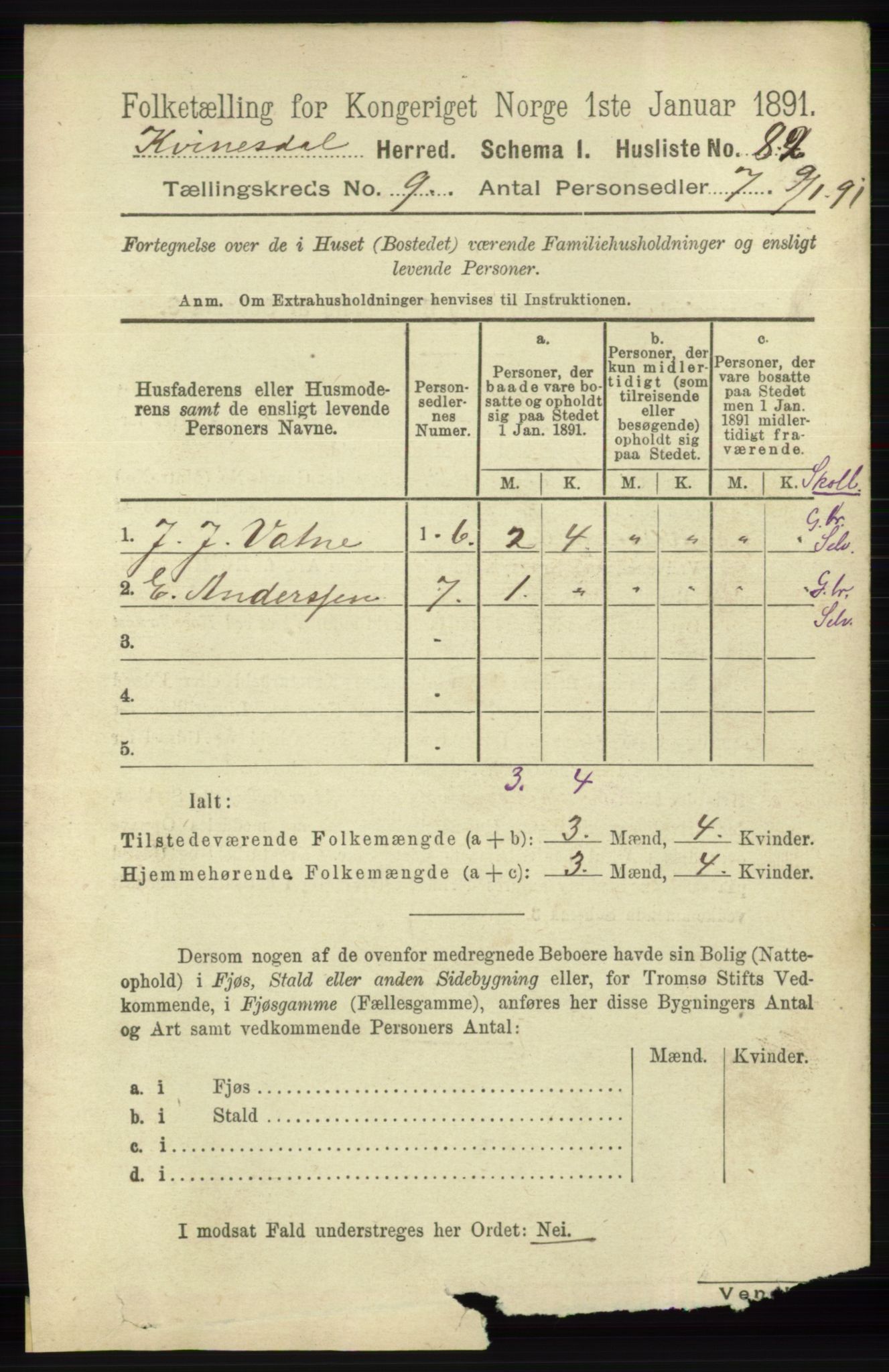 RA, 1891 census for 1037 Kvinesdal, 1891, p. 3290