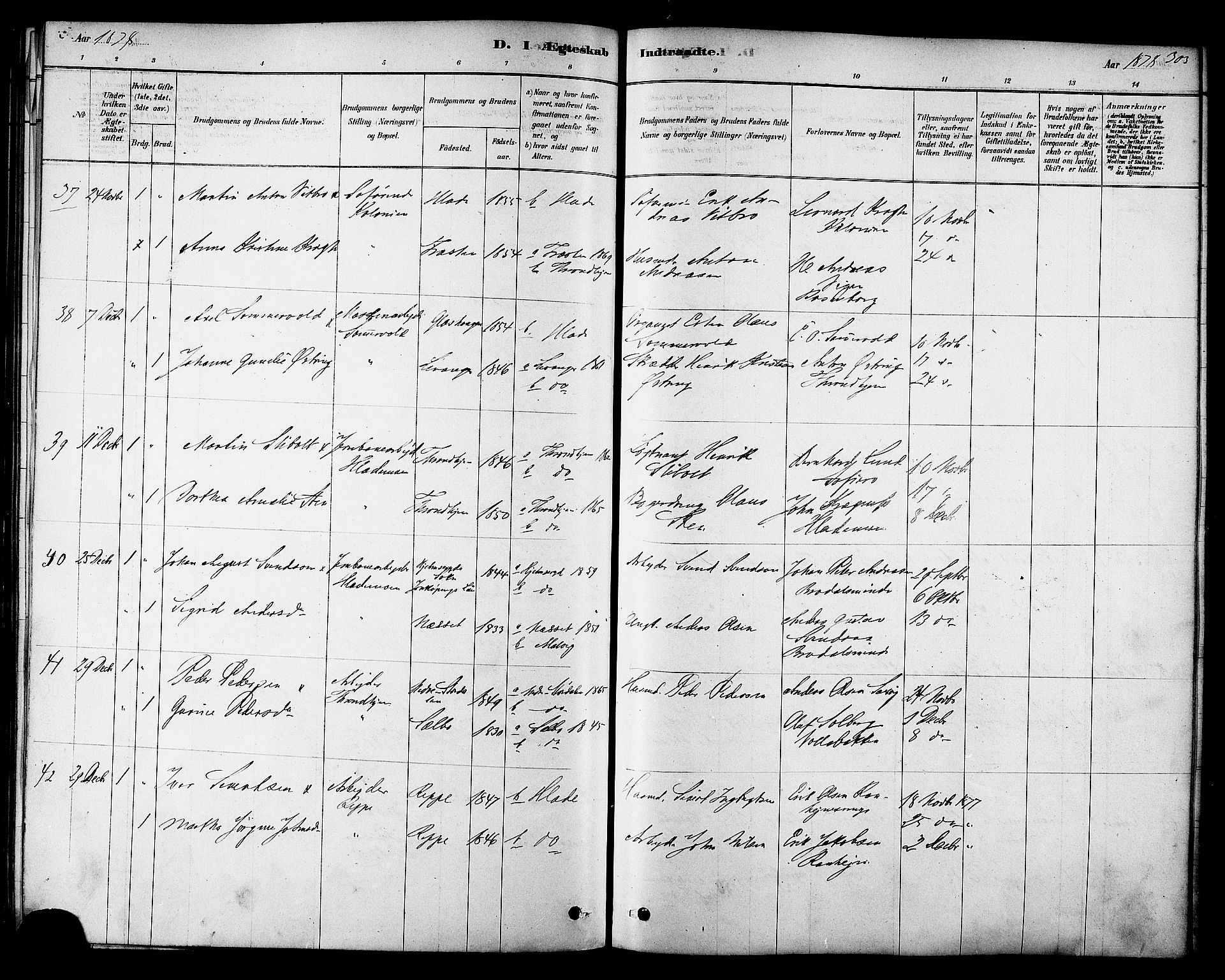 Ministerialprotokoller, klokkerbøker og fødselsregistre - Sør-Trøndelag, SAT/A-1456/606/L0294: Parish register (official) no. 606A09, 1878-1886, p. 303