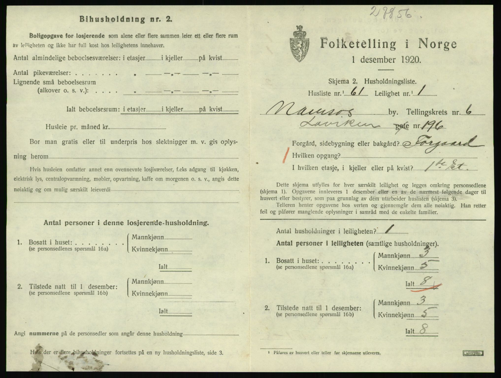 SAT, 1920 census for Namsos, 1920, p. 2009