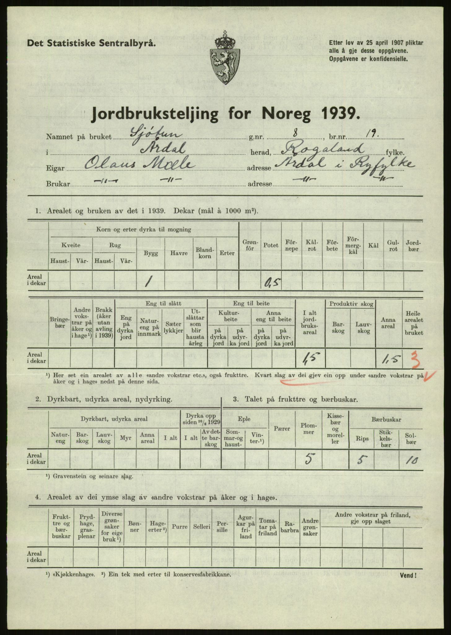 Statistisk sentralbyrå, Næringsøkonomiske emner, Jordbruk, skogbruk, jakt, fiske og fangst, AV/RA-S-2234/G/Gb/L0184: Rogaland: Årdal, Fister og Hjelmeland, 1939, p. 389
